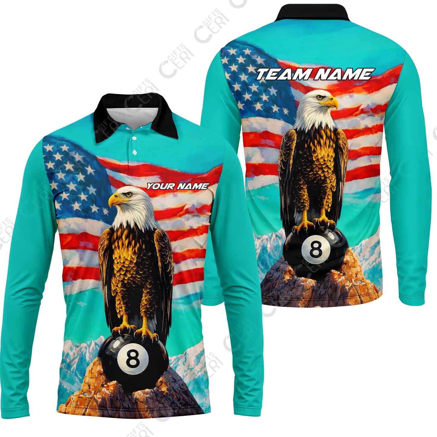 Customized Billiards Long Sleeve Polo Shirt, Personalized American Flag With Eagle 8 Ball Jersey Gift For Billiard Players