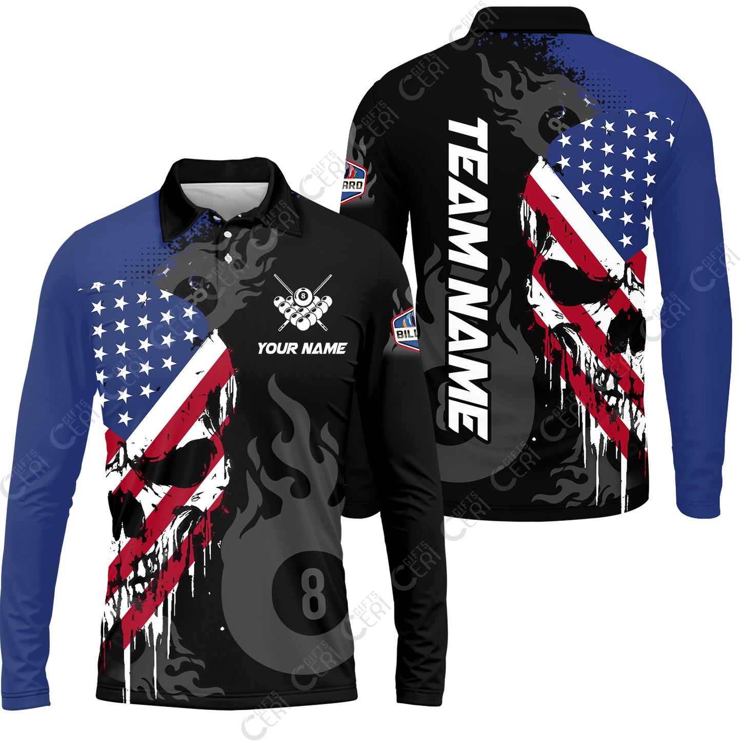 Customized 8 Ball Pool Long Sleeve Polo Shirt, Billiards 8-Ball Flame And The Skull With American Flag, Billiards Jerseys