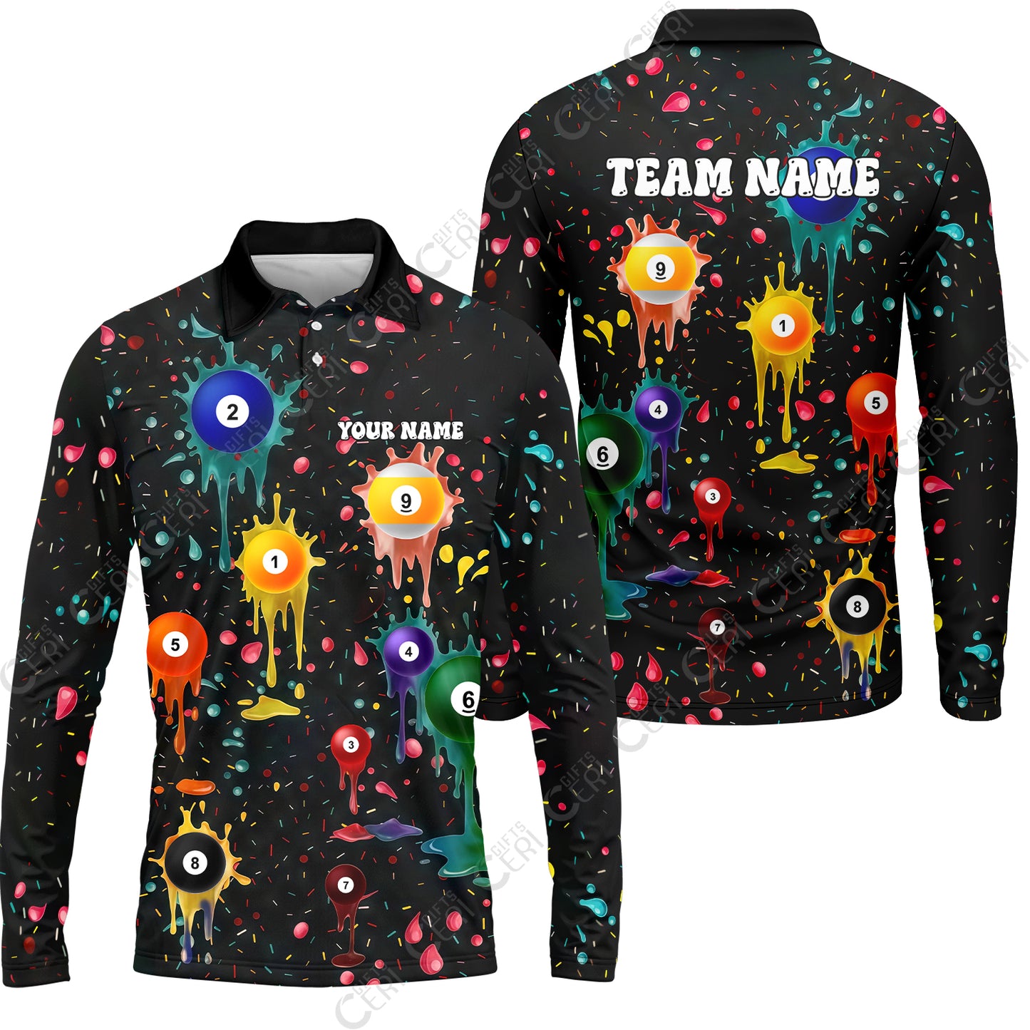 Customized 9 Ball Pool Long Sleeve Polo Shirt, Billiards 9-Ball Colorful Paint-Splash, Billiards Jerseys