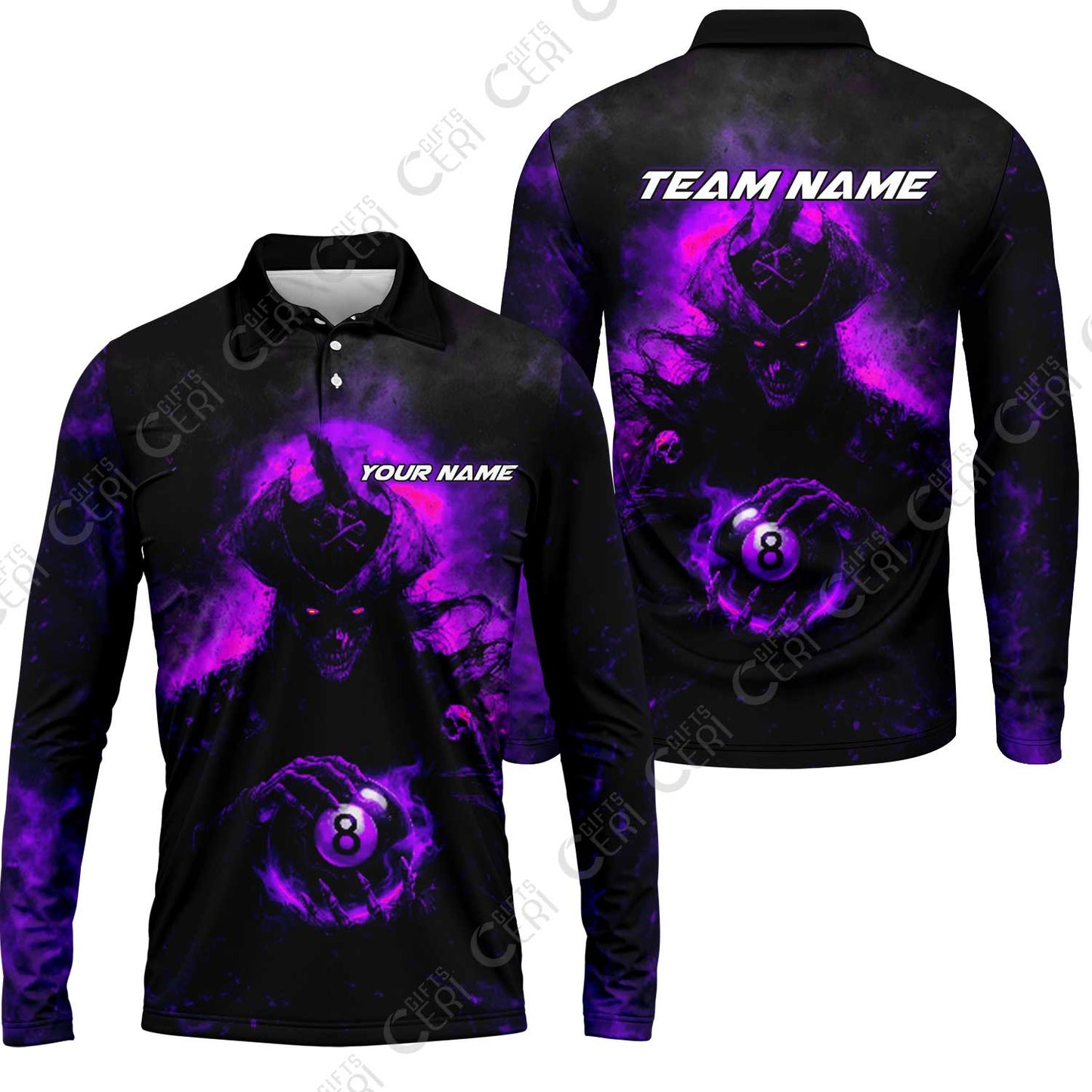Customized Billiards Long Sleeve Polo Shirt, Personalized Ghost Captains 8 Ball Jersey Gift For Billiard Players