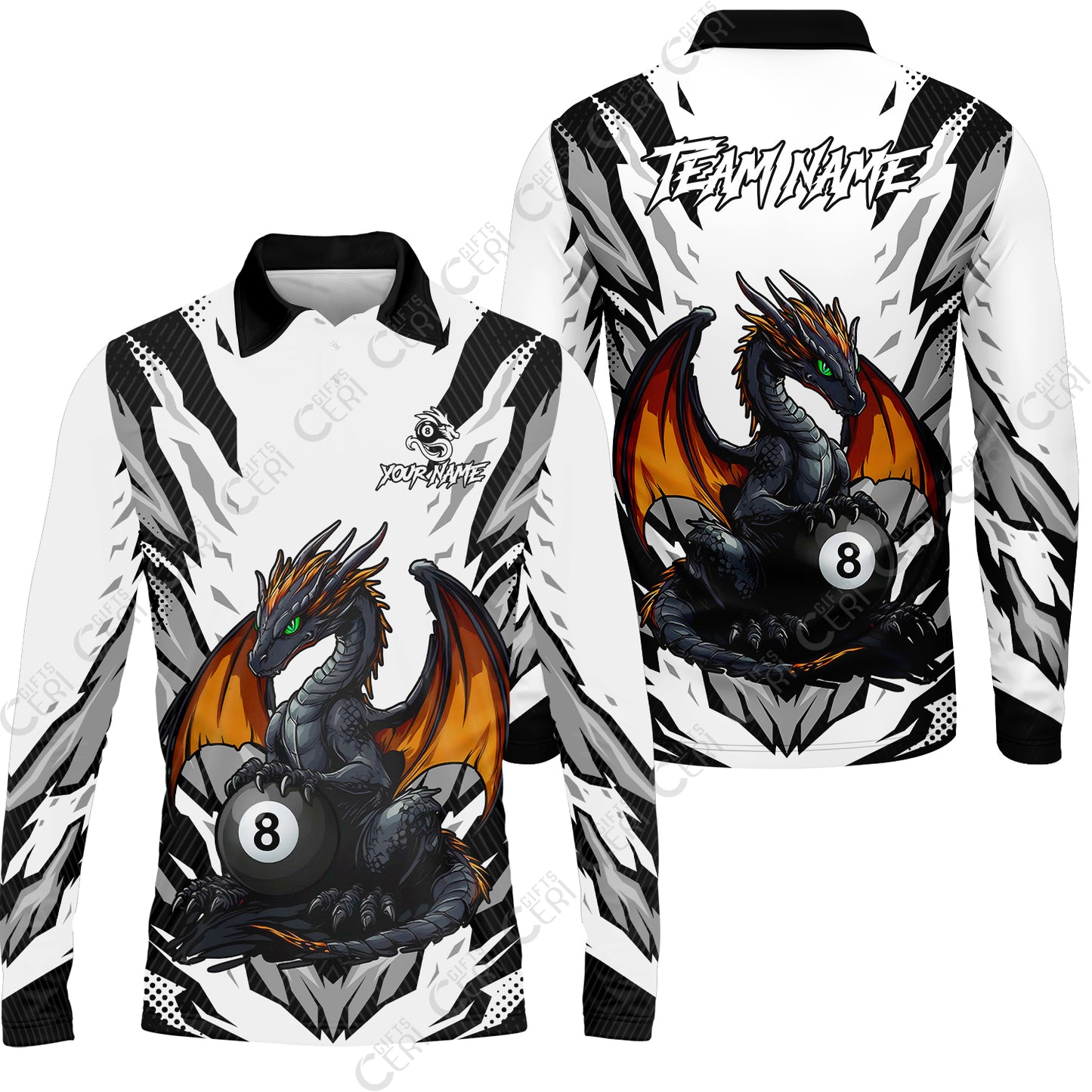 Customized Billiards Long Sleeve Polo Shirt, Personalized Baby Dragon 8 Ball Jersey Gift For Billiard Players