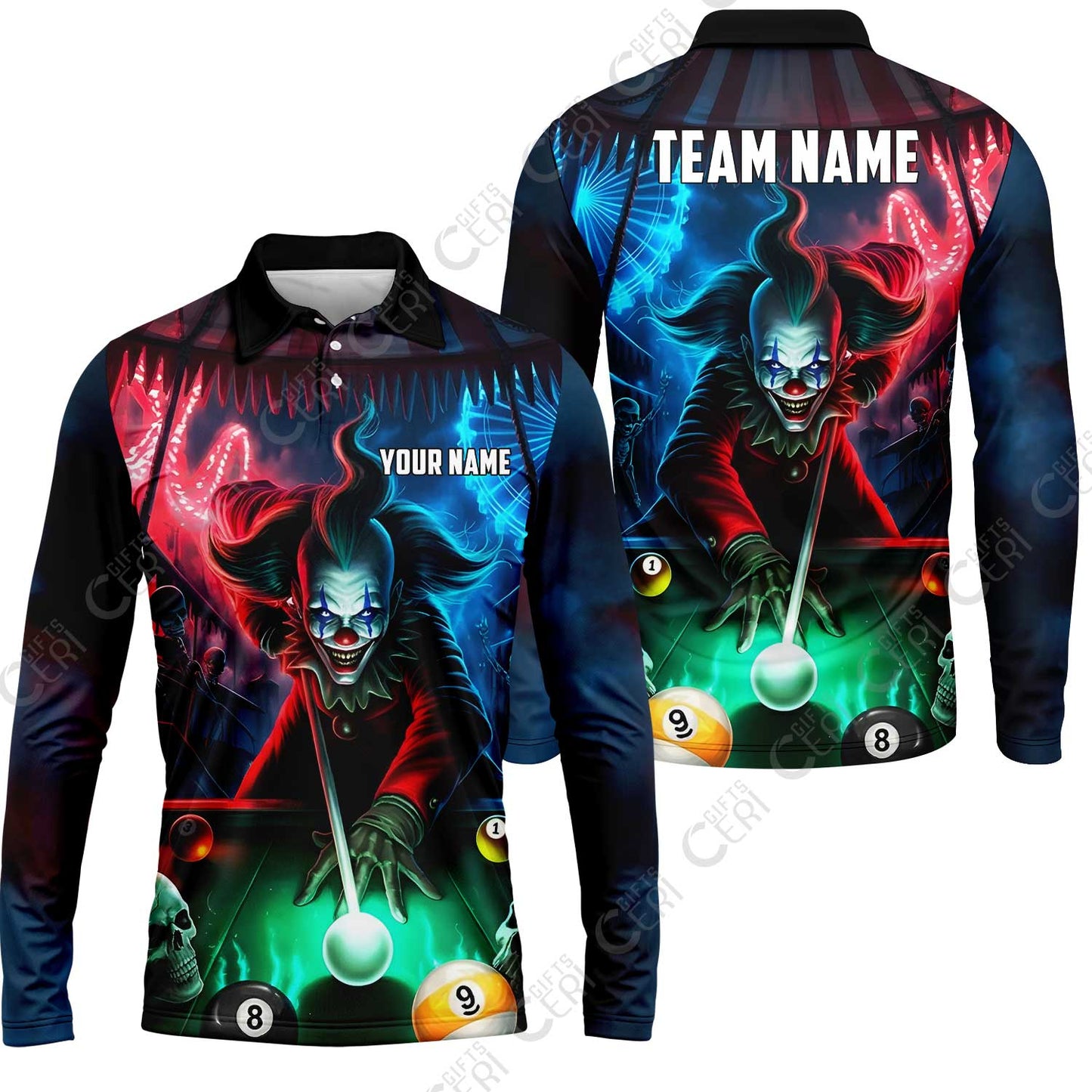 Customized Billiards Long Sleeve Polo Shirt, 8 & 9 Ball Pool Nightmare Billiards Clown Jersey, Billiards Jerseys