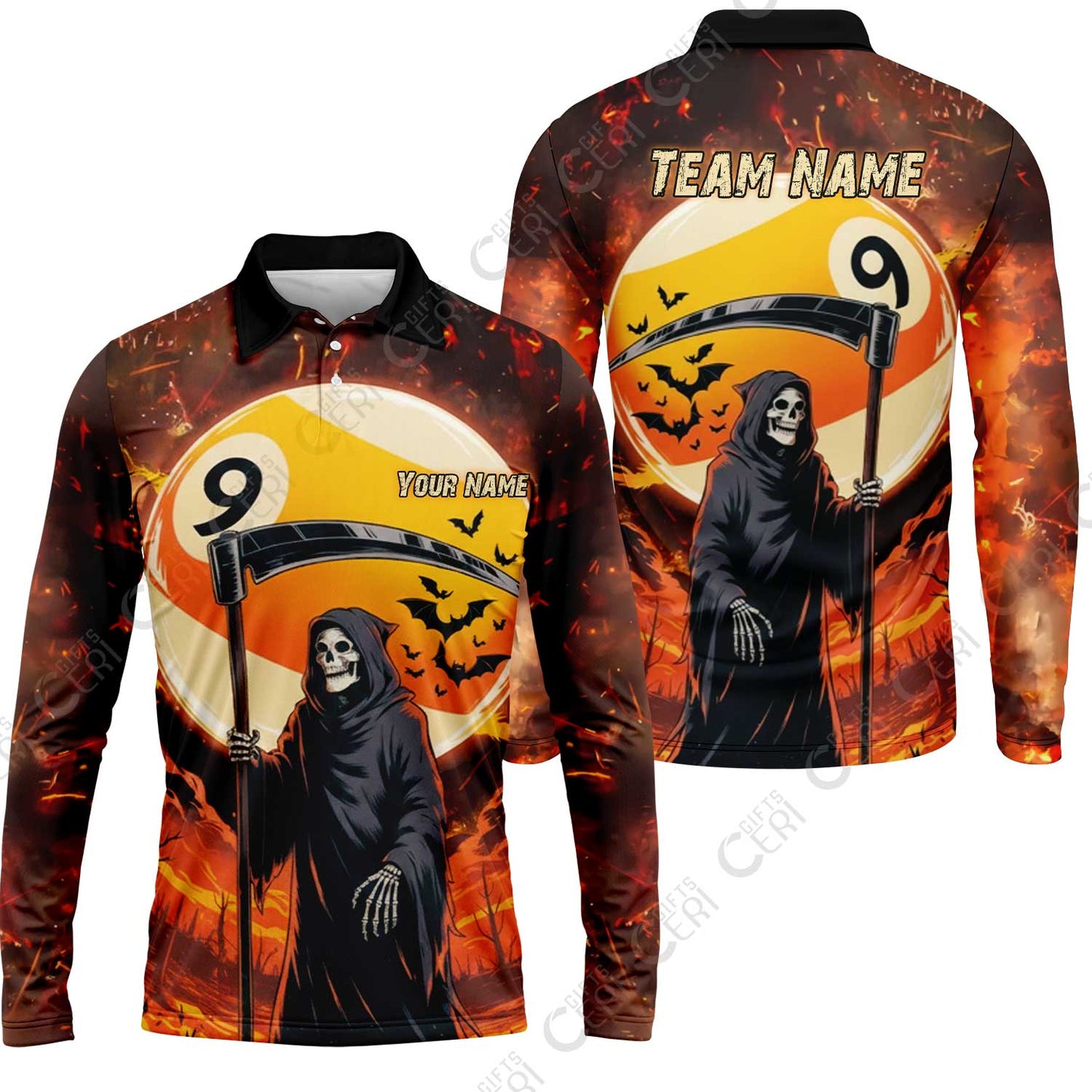 Customized Billiards Long Sleeve Polo Shirt, Halloween Grim Reaper Death Shot 9 Ball Jersey Gift For Billiard Players