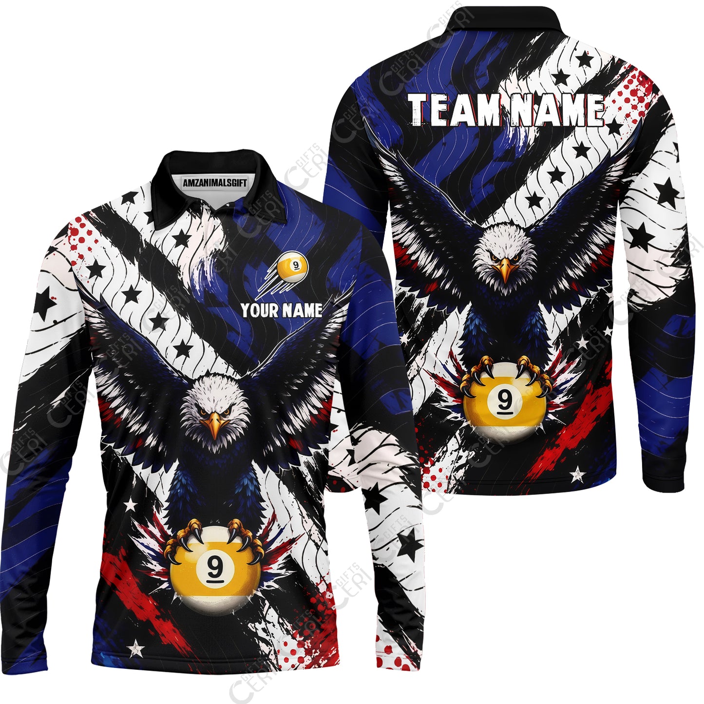 Customized 9 Ball Pool Long Sleeve Polo Shirt, Eagle Holding Ball American Flag 9-ball, Personalized Billiards Jersey