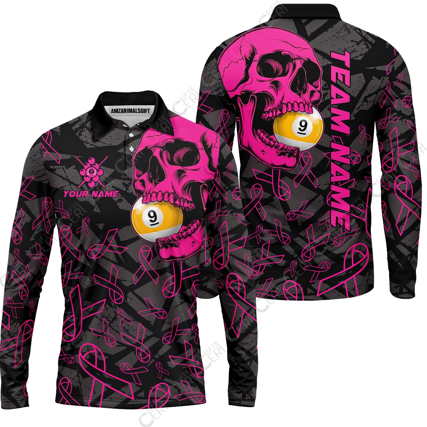 Customized 9 Ball Pool Long Sleeve Polo Shirt, Billiard Pink Skull 9-Ball, Personalized Billiards Jersey