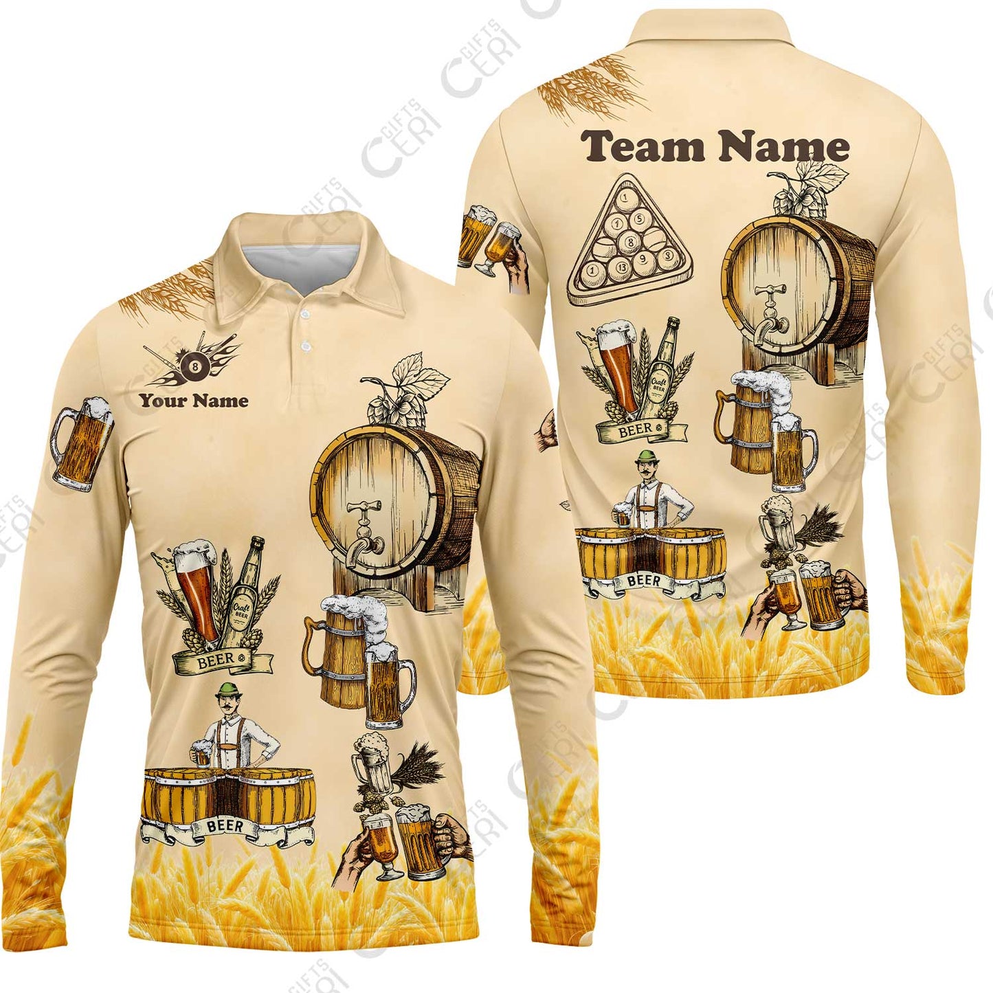 Customized 8 Ball Pool Long Sleeve Polo Shirt, Beer 3 Scale Billiard 8-Ball, Personalized Billiards Jersey