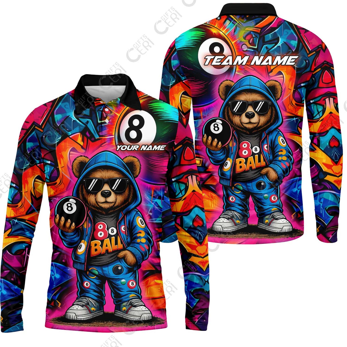 Customized 8 Ball Pool Long Sleeve Polo Shirt, Billiard 8-Ball Street Legend, Billiards Jerseys