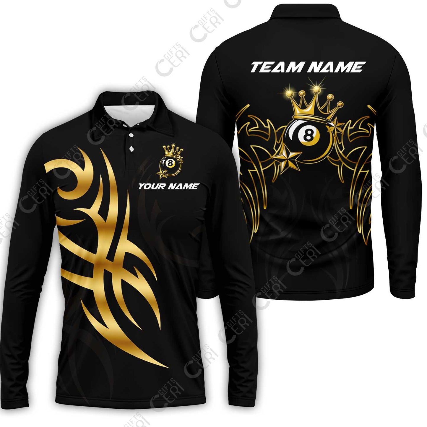 Customized 8 Ball Pool Long Sleeve Polo Shirt, Billiard 8-Ball Crown And Stars, Billiards Jerseys