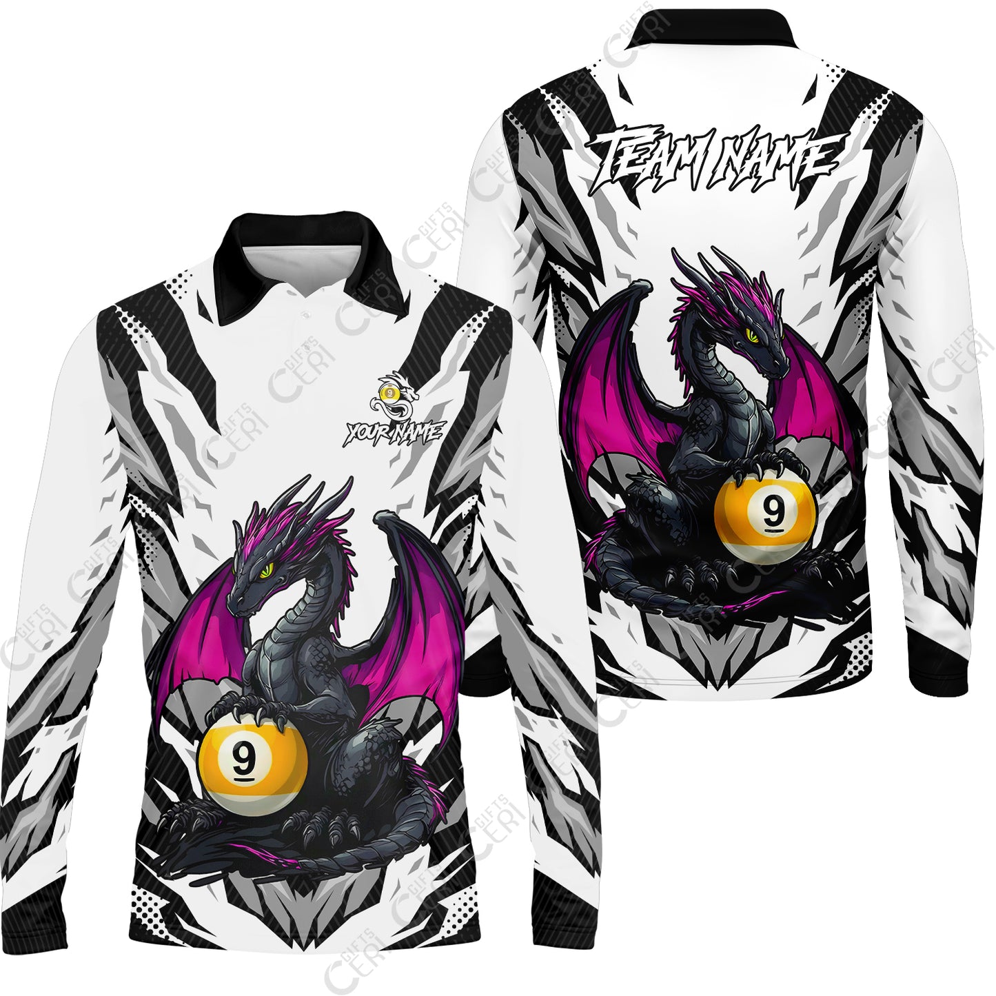 Customized Billiards Long Sleeve Polo Shirt, Personalized Baby Dragon 9 Ball Jersey Gift For Billiard Players