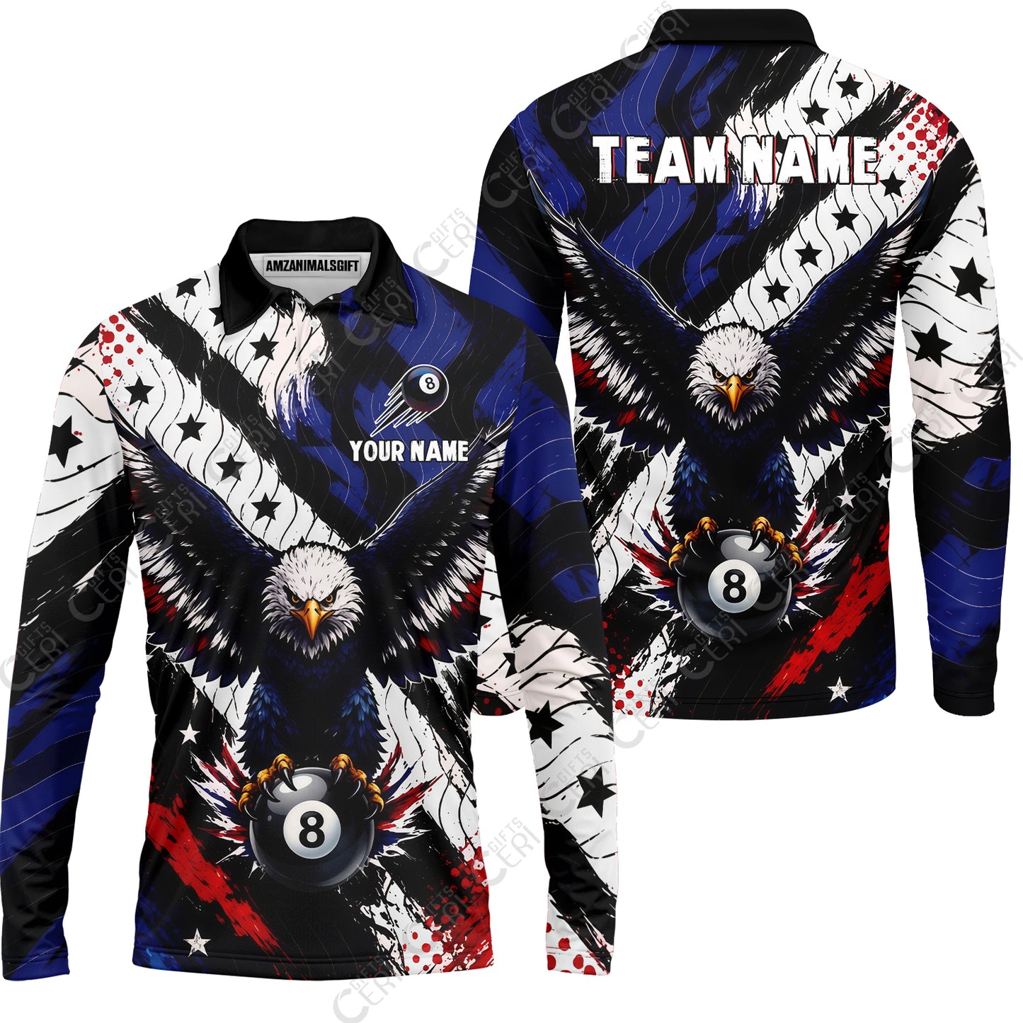 Customized 8 Ball Pool Long Sleeve Polo Shirt, Eagle Holding Ball American Flag 8-ball, Personalized Billiards Jersey