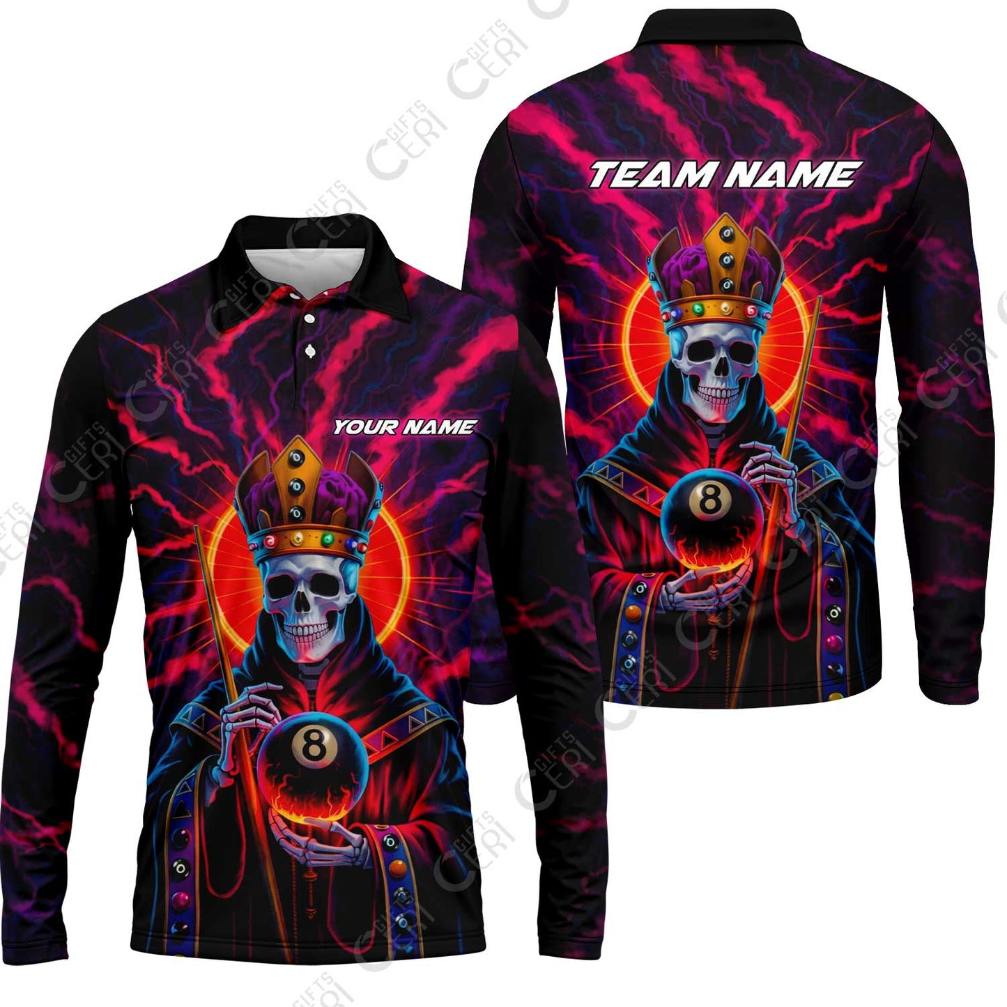 Customized 8 Ball Pool Long Sleeve Polo Shirt, Billiard 8-Ball Necromancer, Billiards Jerseys