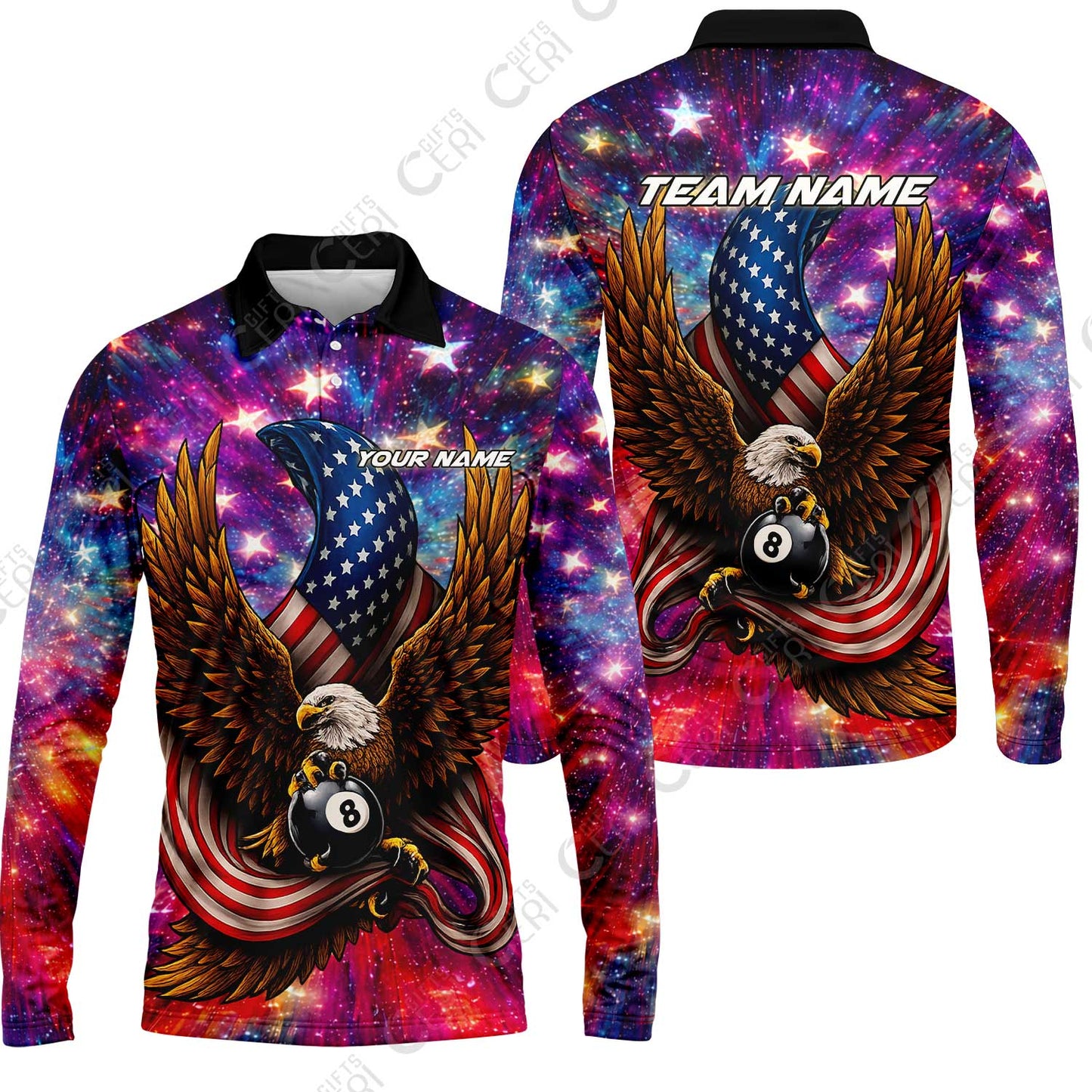 Customized 8 Ball Pool Long Sleeve Polo Shirt, Billiard American Flag Galactic Eagle, Billiards Jerseys