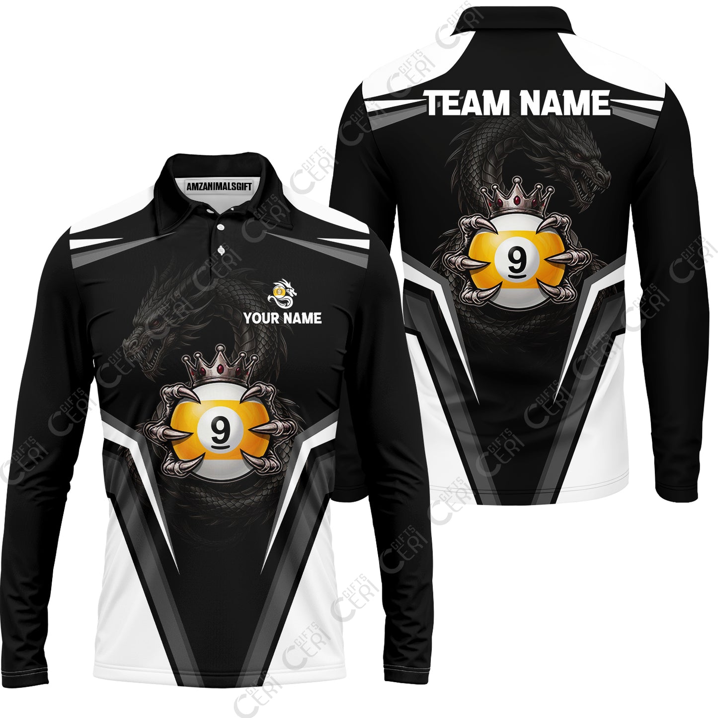 Customized 9 Ball Pool Long Sleeve Polo Shirt, Dragon's Holding 9-Ball, Personalized Billiards Jersey