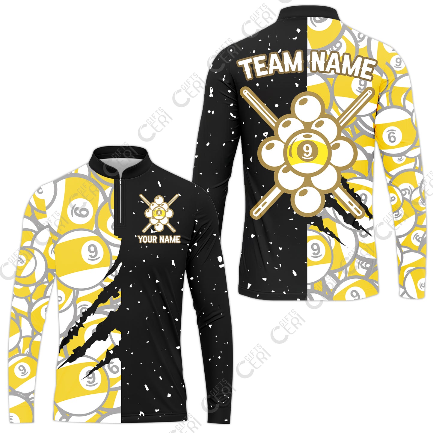 Customized Billiards Stand Collar Quarter-Zip Long Sleeve Jersey, Splatter And Claw-Mark Effects 9 Ball Jersey