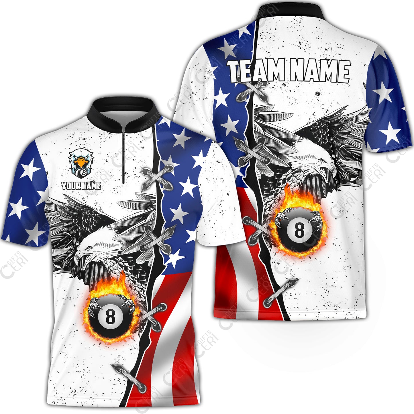 Customized Billiards Stand Collar Quarter-Zip Short Sleeve Jersey, US Flag White Eagle Flame Pin Dust Pattern 8 Ball Jersey
