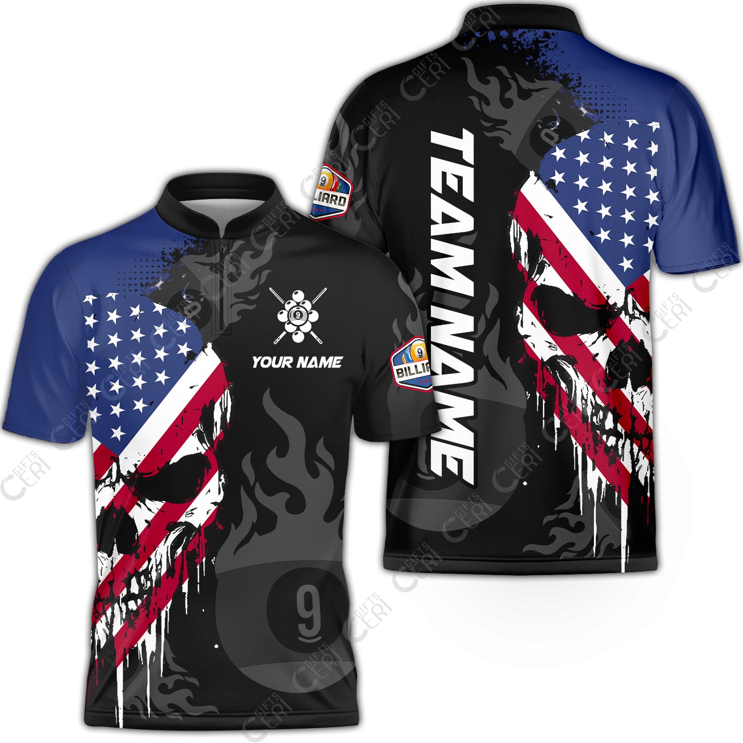Customized 9 Ball Pool Stand Collar Quarter-Zip Short Sleeve Jersey, Billiards 9-Ball Flame And The Skull With American Flag, Billiards Jerseys