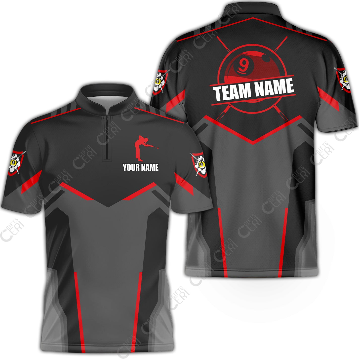 Customized 9 Ball Pool Stand Collar Quarter-Zip Short Sleeve Jersey, Billiards Man Vector 9-Ball, Billiards Jerseys