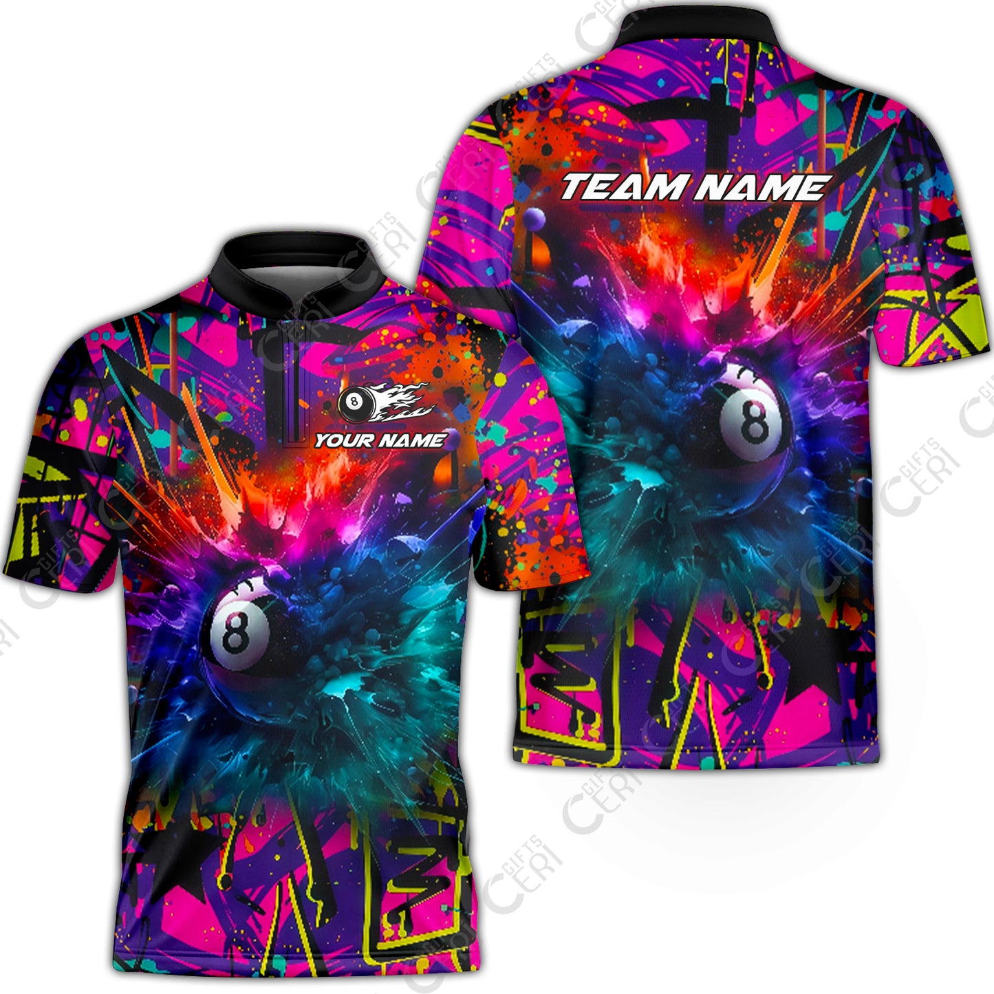 Customized Billiards Stand Collar Quarter-Zip Short Sleeve Jersey, Personalized Neon Chaos 8 Ball Jersey Gift For Billiard Players