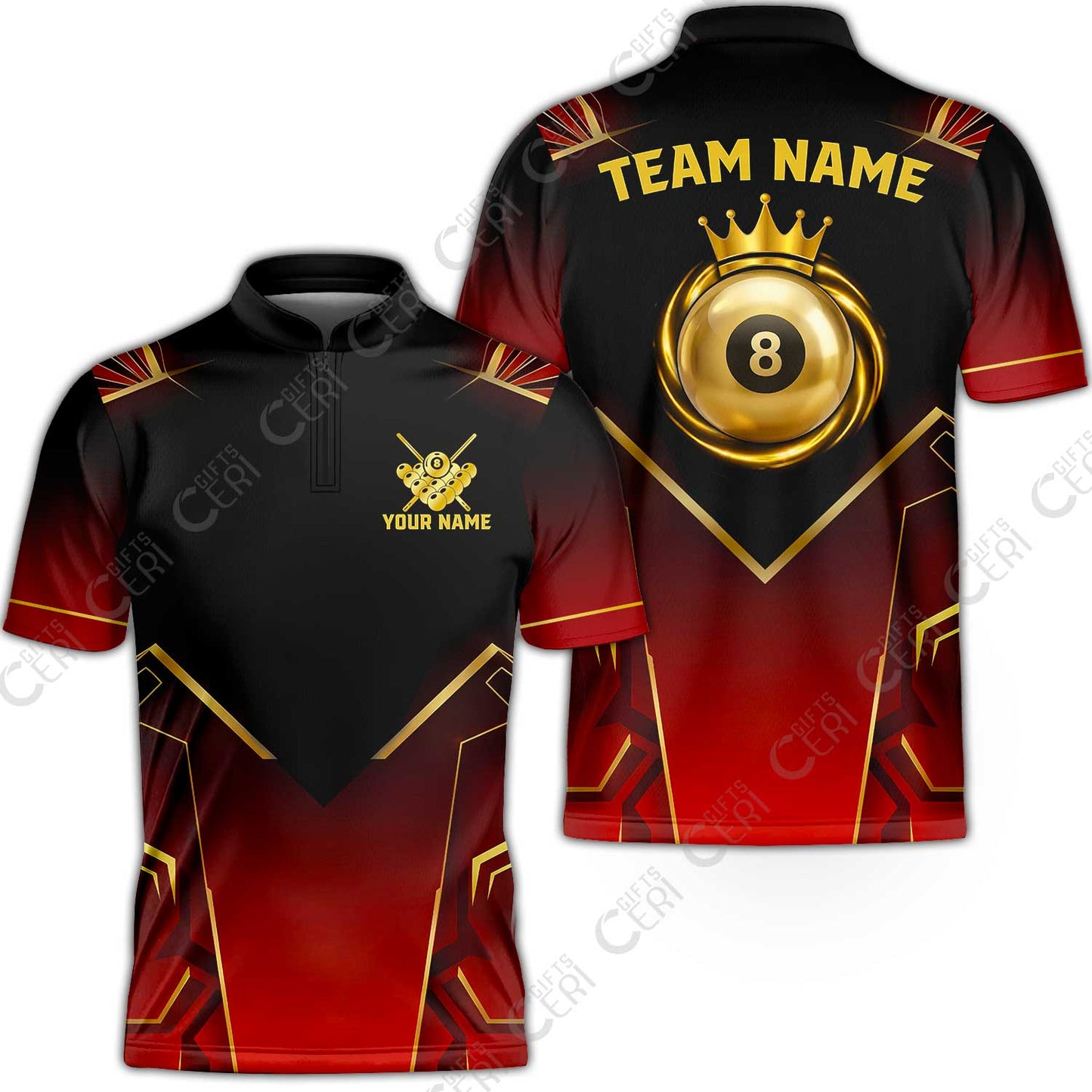 Customized 8 Ball Pool Stand Collar Quarter-Zip Short Sleeve Jersey, Tech-Futuristic 3 Scale 8-Ball, Personalized Billiards Jersey