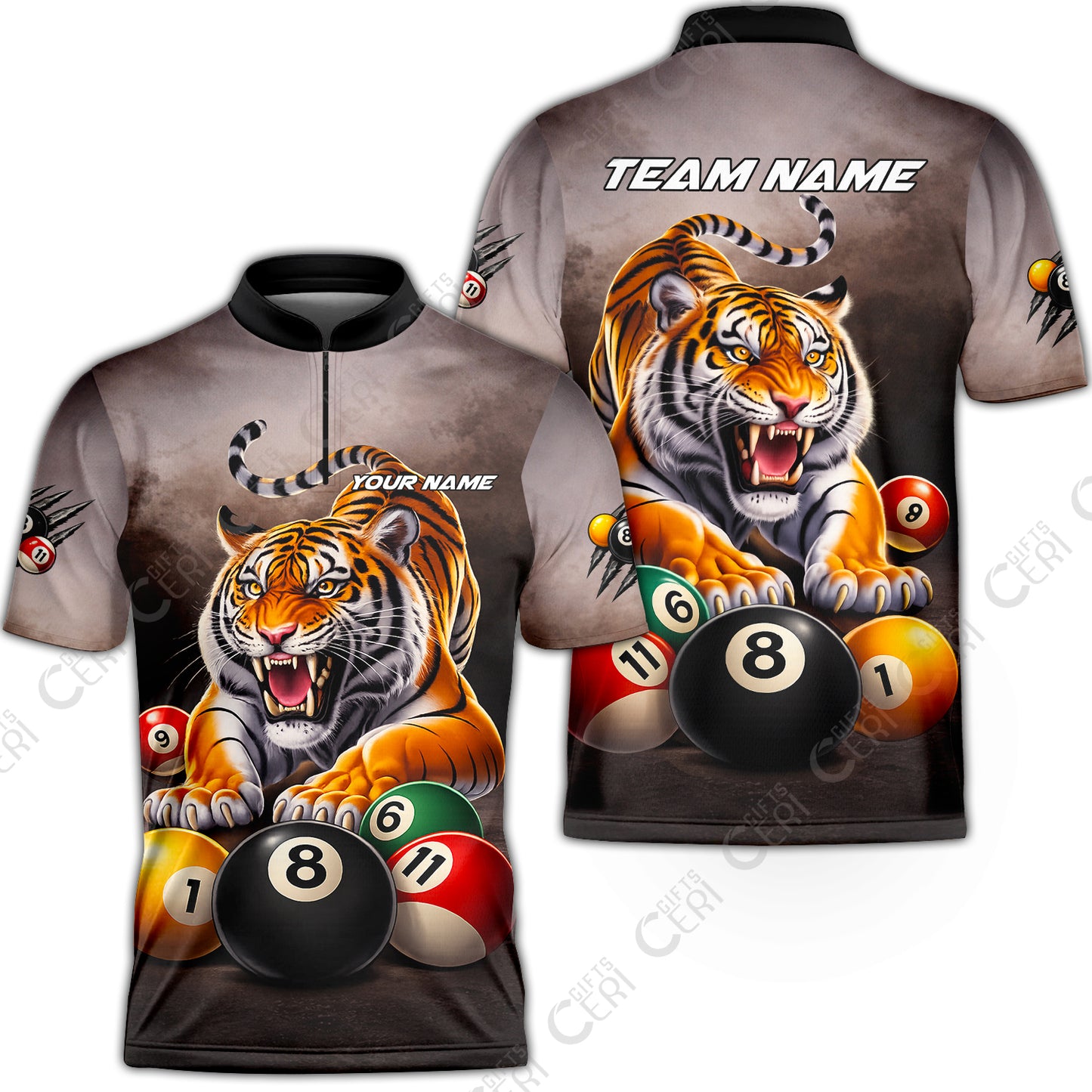 Customized 8 Ball Pool Stand Collar Quarter-Zip Short Sleeve Jersey, Billiards 8-Ball Colorful Tiger Break, Billiards Jerseys