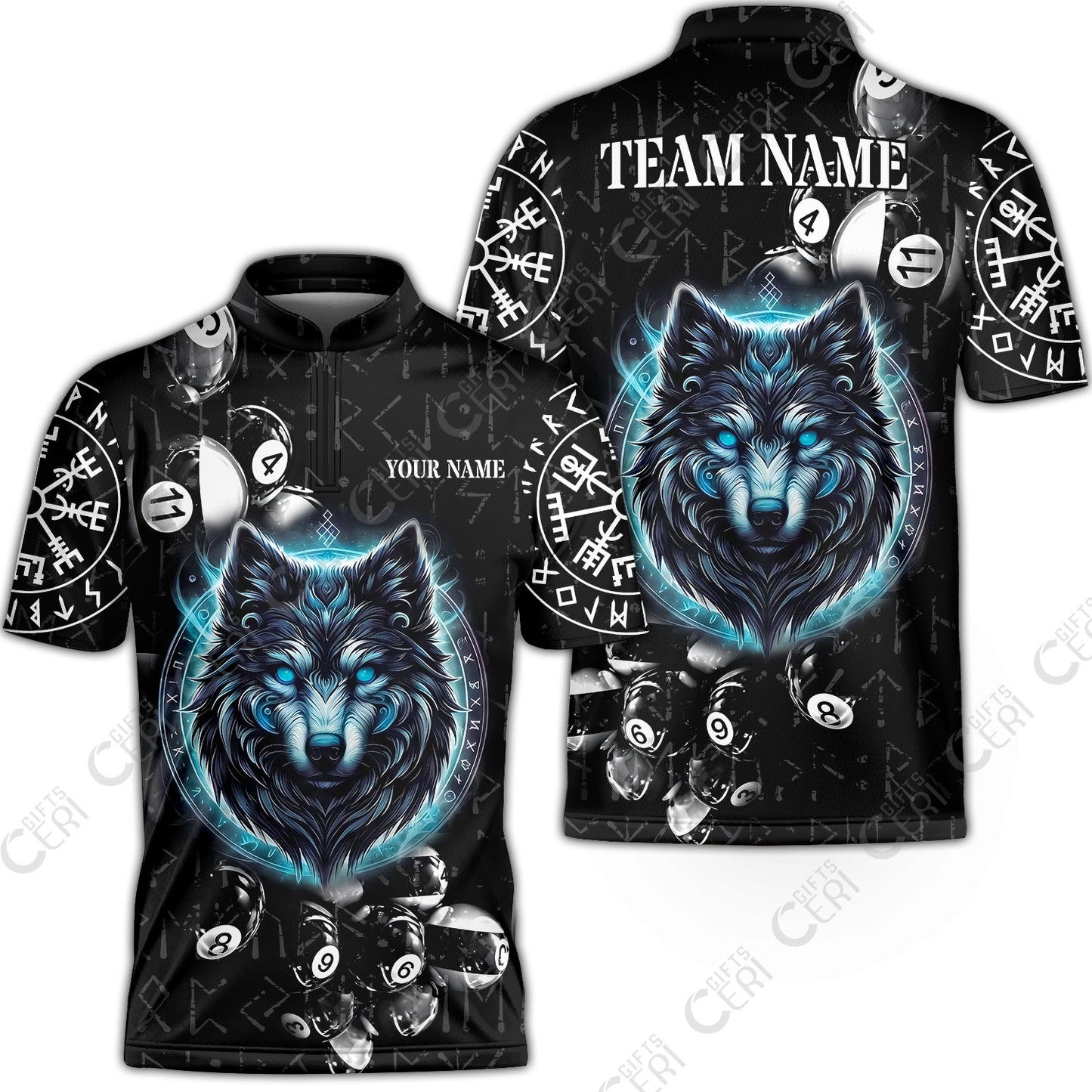 Customized Billiards Stand Collar Quarter-Zip Short Sleeve Jersey, Wolf Runic Viking Black Grunge Alphabet, Billiards Jerseys
