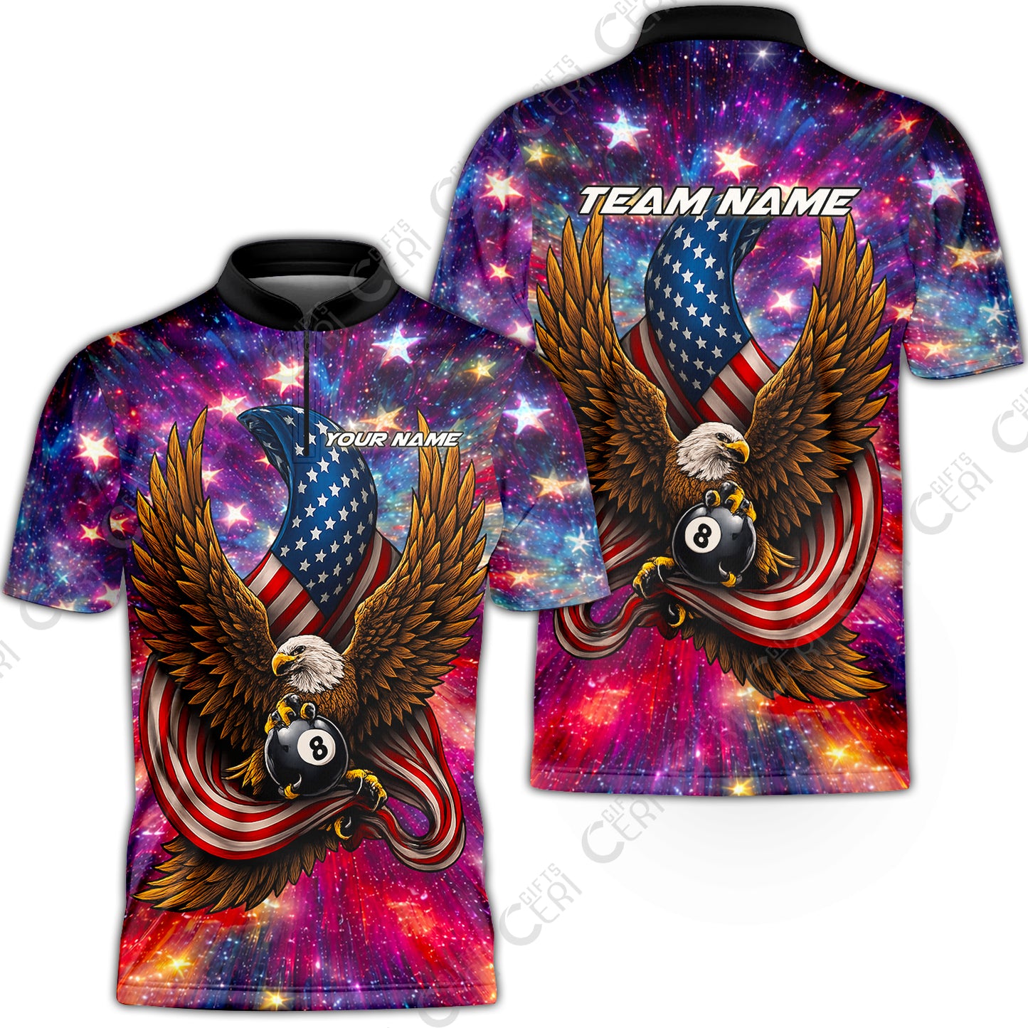 Customized 8 Ball Pool Stand Collar Quarter-Zip Short Sleeve Jersey, Billiard American Flag Galactic Eagle, Billiards Jerseys