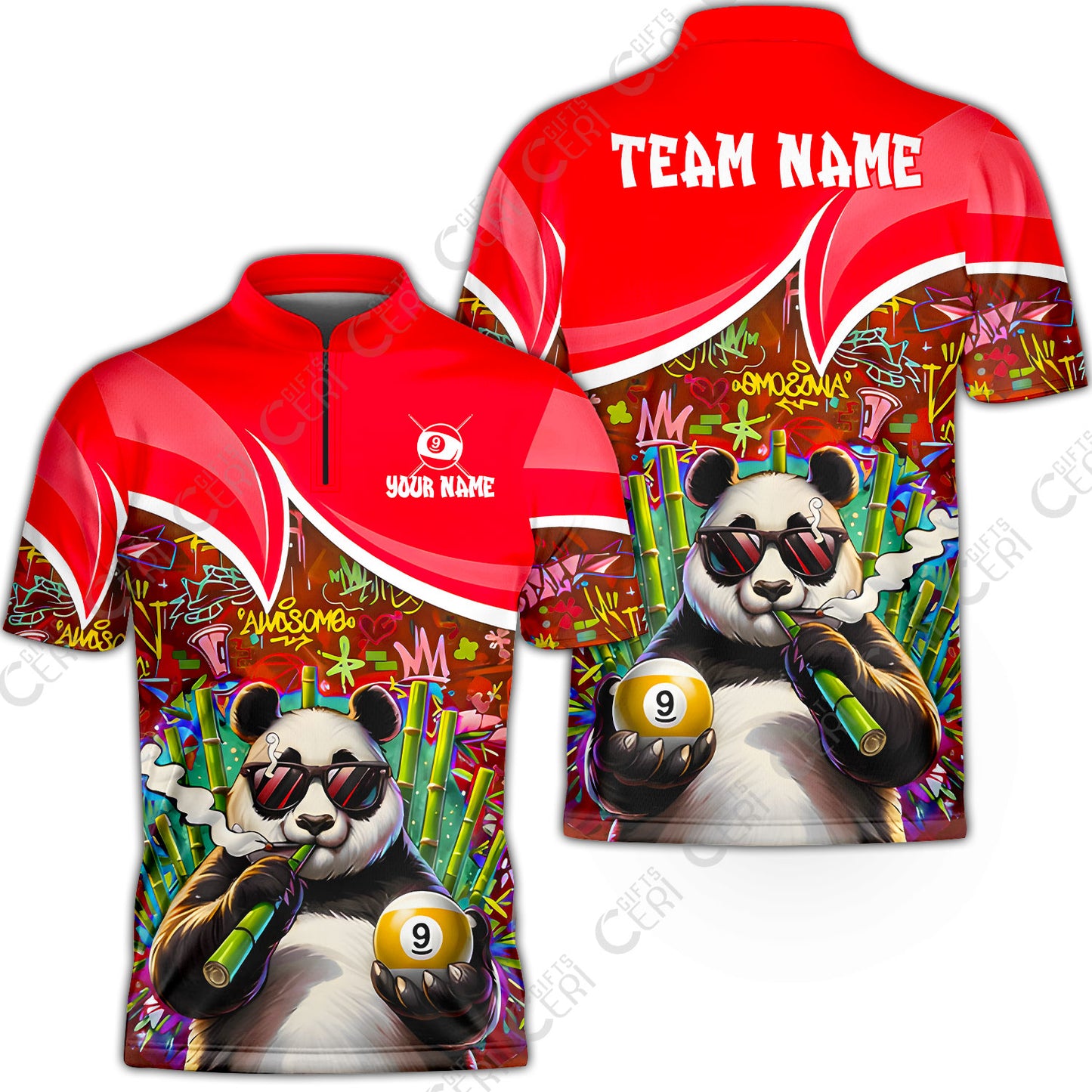 Customized 9 Ball Pool Stand Collar Quarter-Zip Short Sleeve Jersey, 9-Ball Panda Bamboo Billiards, Billiards Jerseys