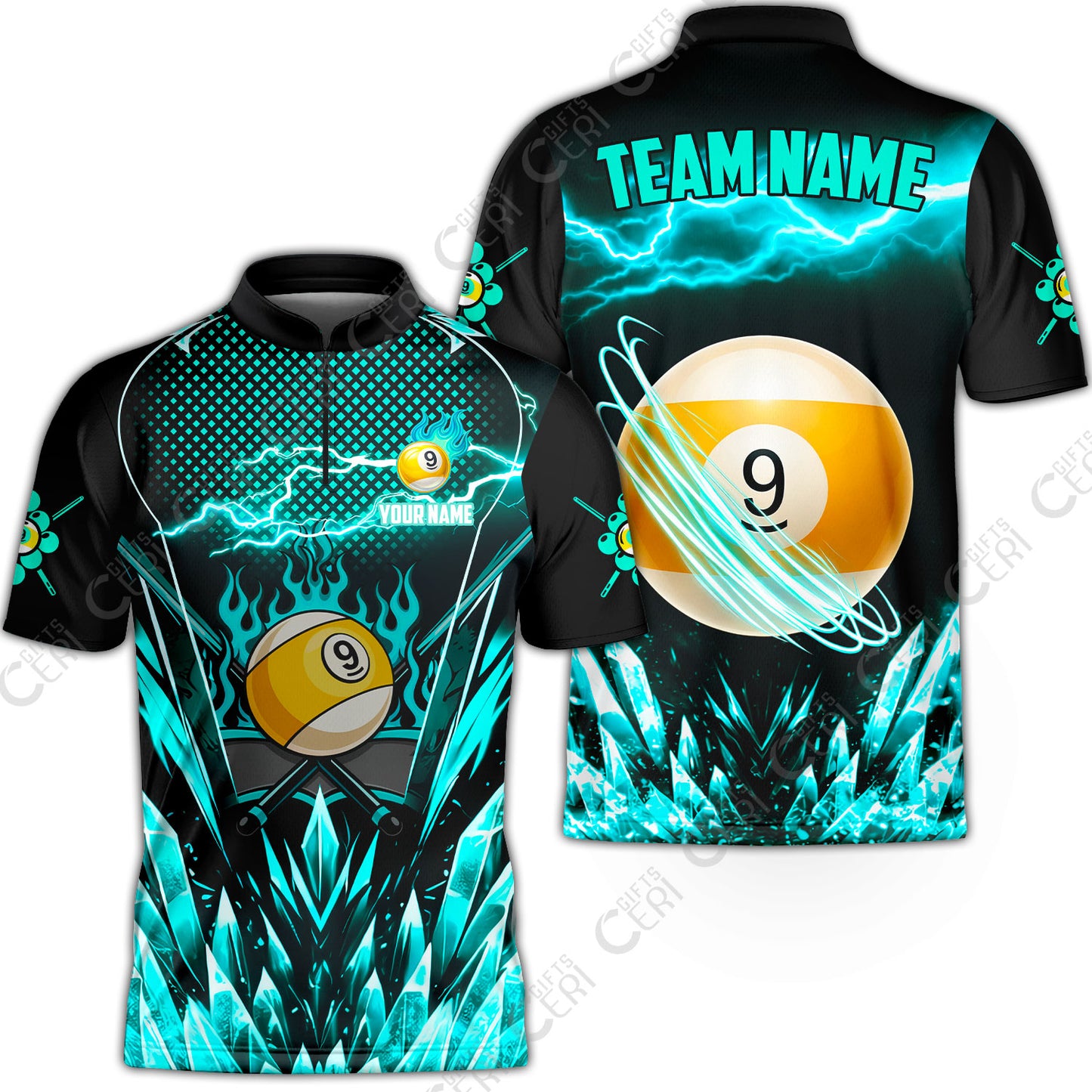Customized 9 Ball Pool Stand Collar Quarter-Zip Short Sleeve Jersey, Electric Lightning Crystal, Billiards Jerseys