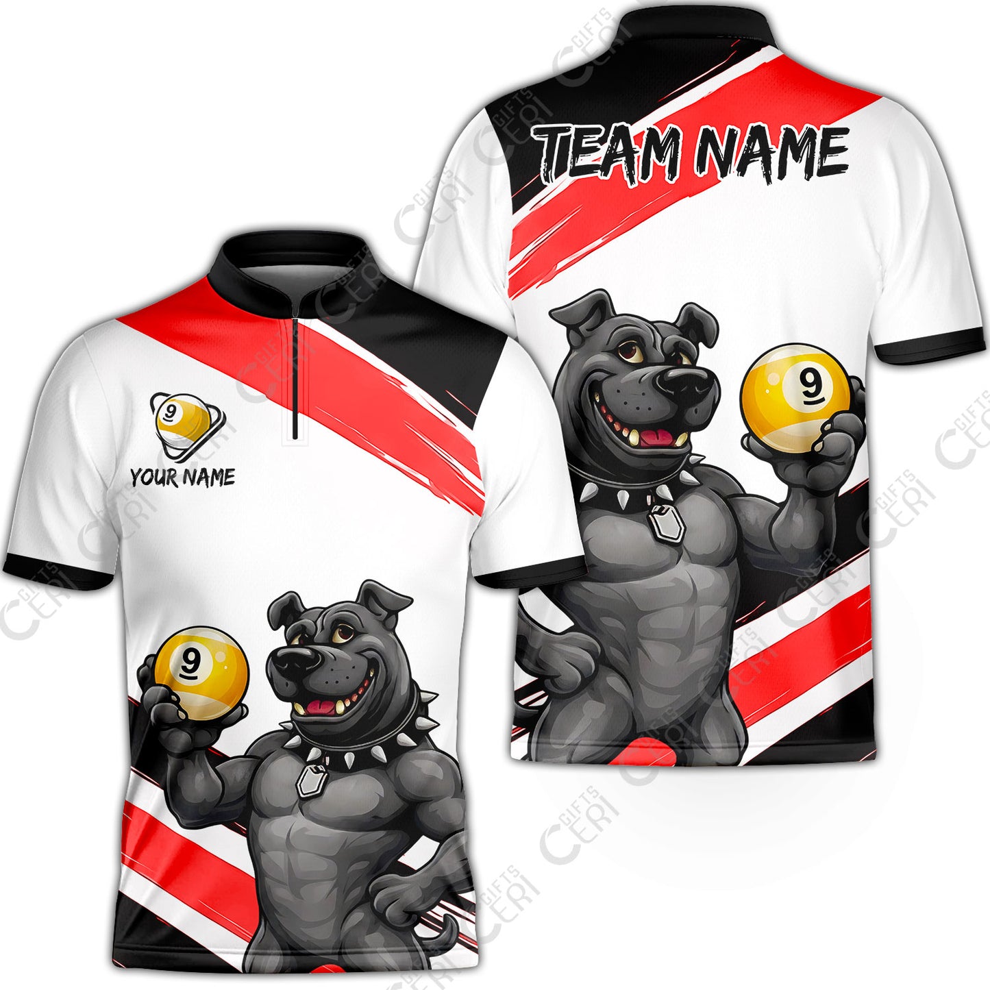 Customized Billiards Stand Collar Quarter-Zip Short Sleeve Jersey, Personalized Pitbull 9 Ball Jersey Gift For Billiard Players