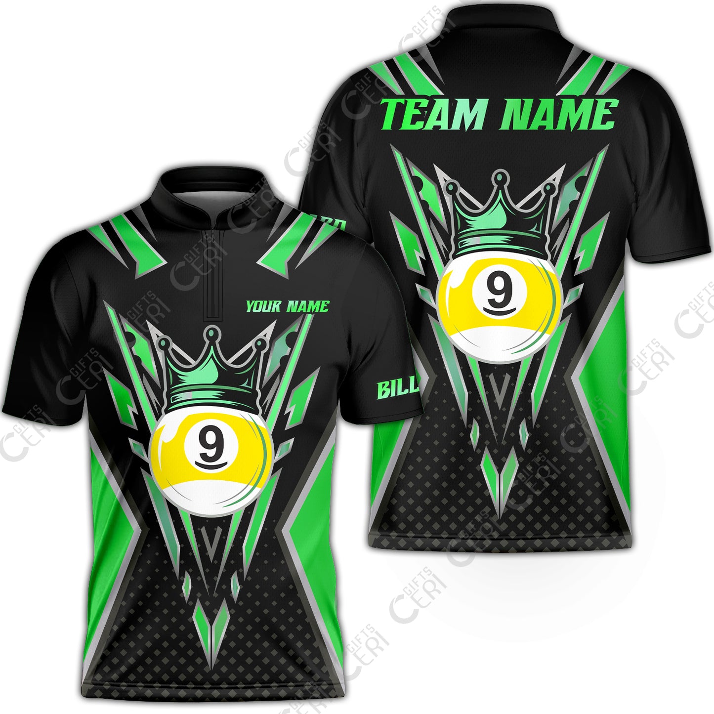 Customized 9 Ball Pool Stand Collar Quarter-Zip Short Sleeve Jersey, Billiard 9-Ball Crown, Billiard Jerseys