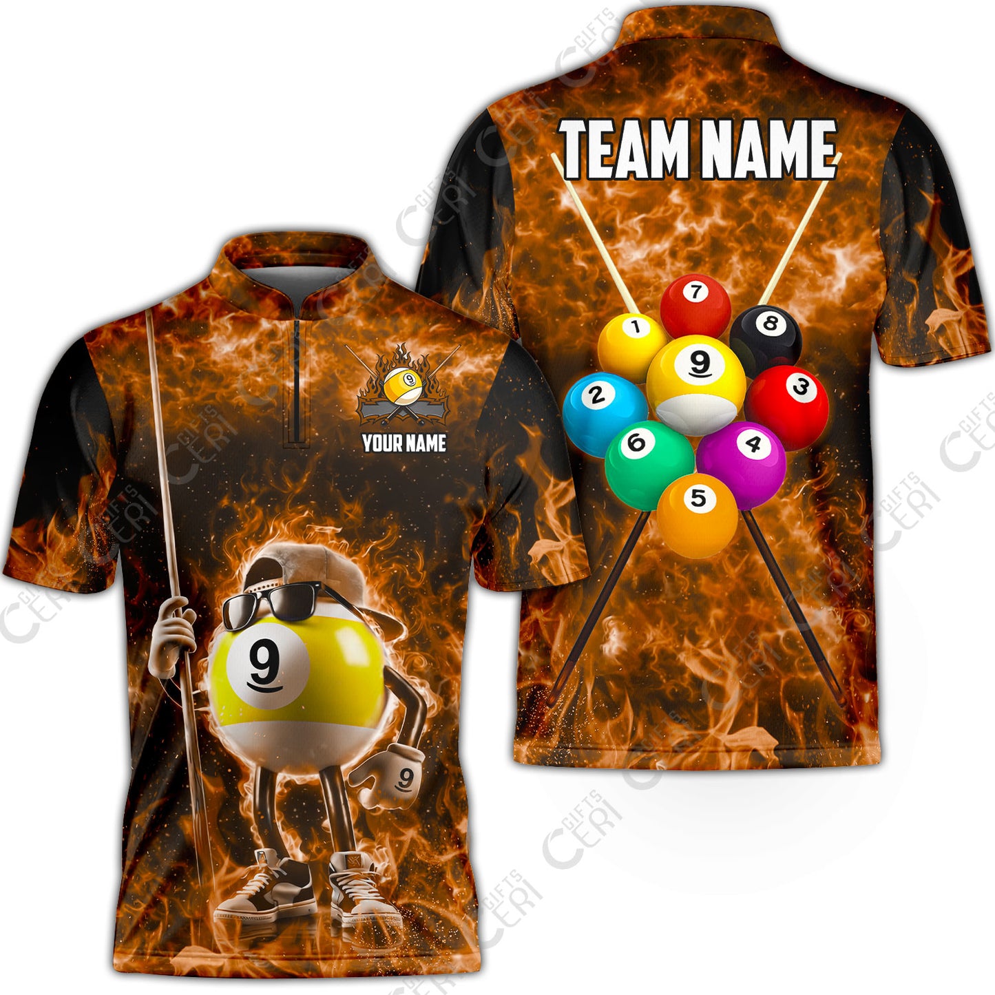 Customized 9 Ball Pool Stand Collar Quarter-Zip Short Sleeve Jersey, 9-Ball Wearing Cap And Sunglasses Flaming Burn, Billiard Jerseys