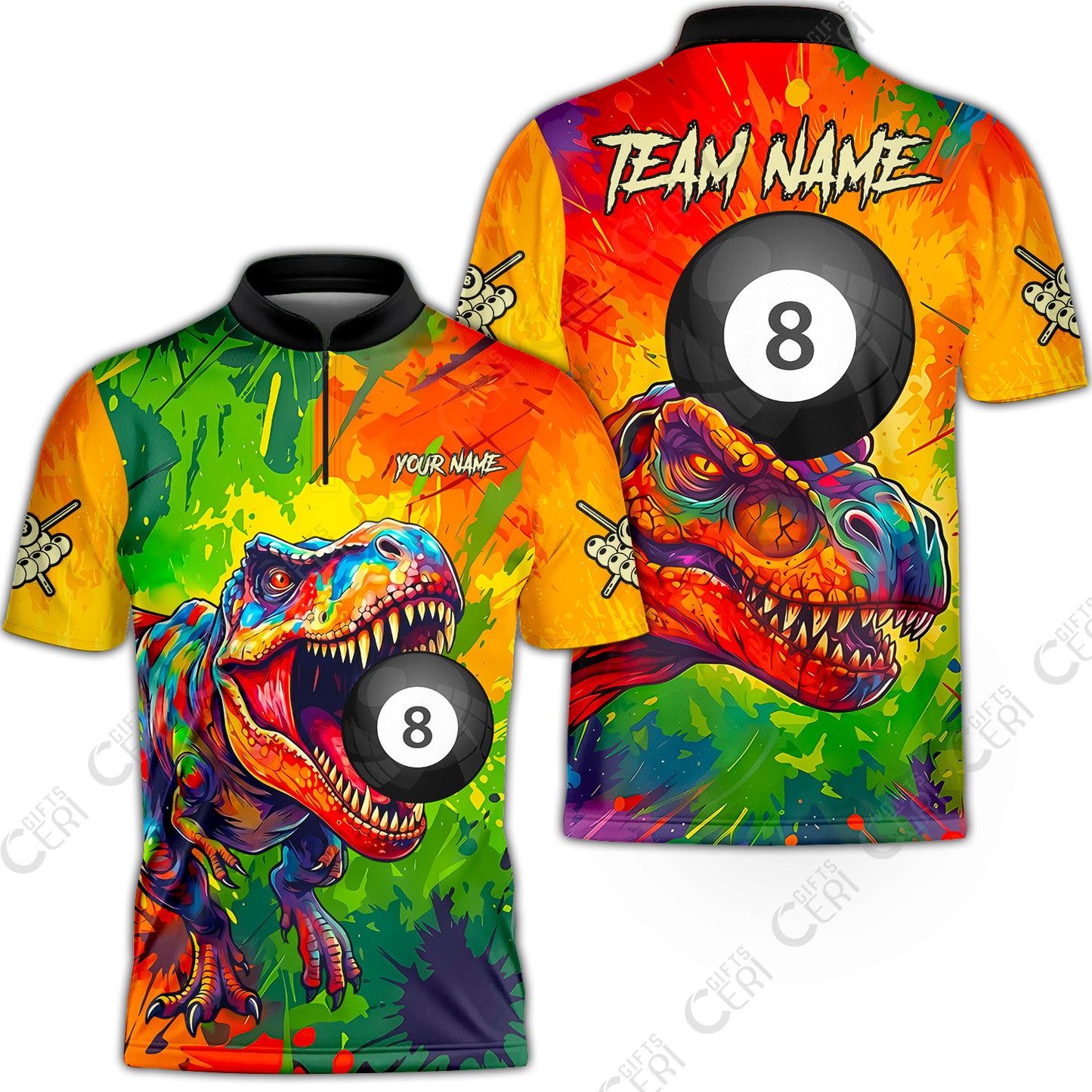 Customized 8 Ball Pool Stand Collar Quarter-Zip Short Sleeve Jersey, Dinosaur Colorful Splash Paint Billiard 8-Ball, Personalized Billiards Jersey