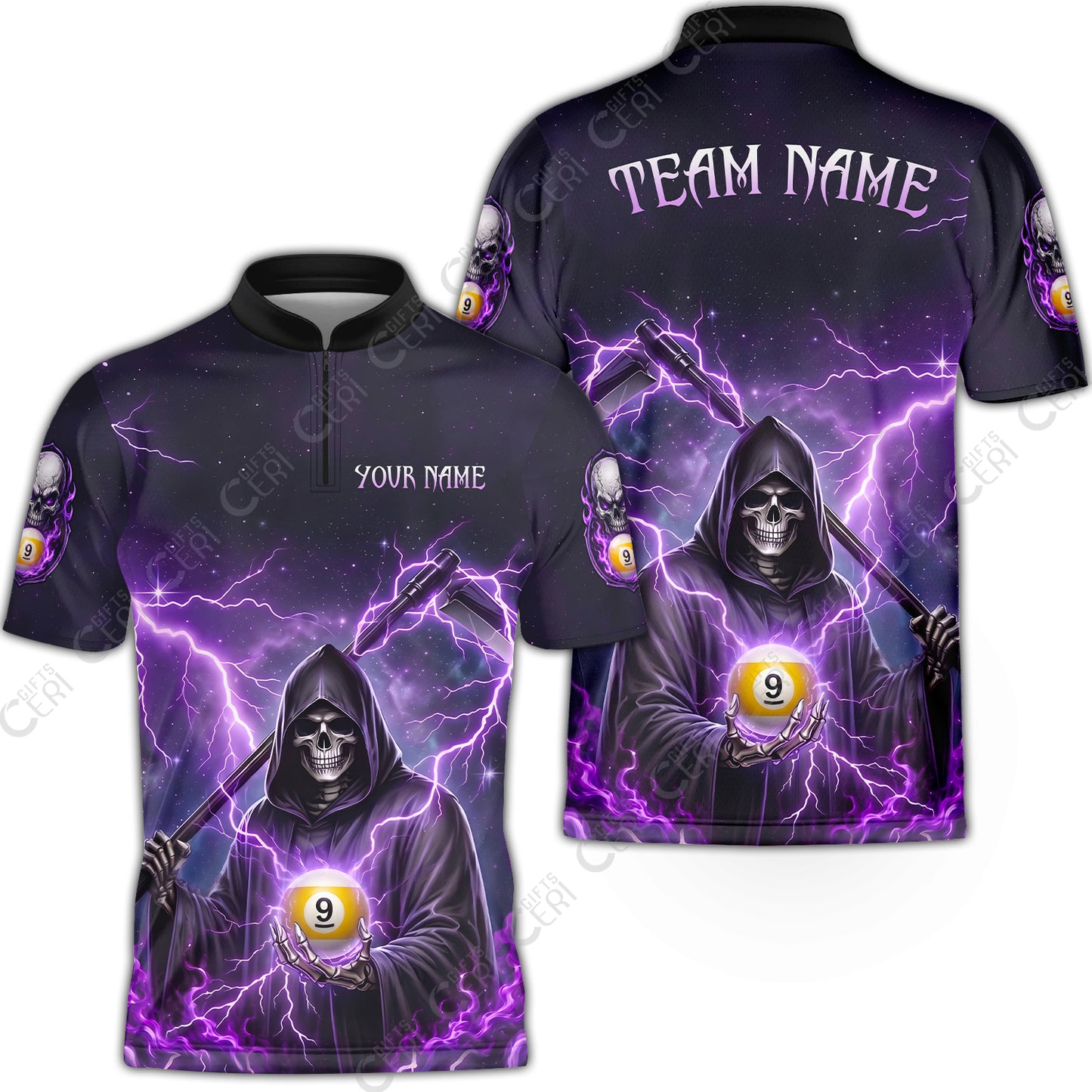 Customized 9 Ball Pool Stand Collar Quarter-Zip Short Sleeve Jersey, Lightning And Flame Grim Reaper With 9 Ball, Personalized Billiards Jersey