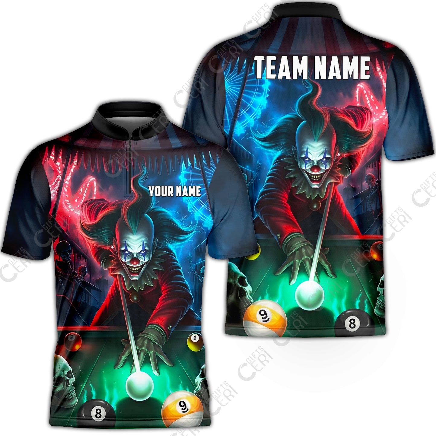 Customized Billiards Stand Collar Quarter-Zip Short Sleeve Jersey, Nightmare Billiards Clown Jersey, Billiards Jerseys