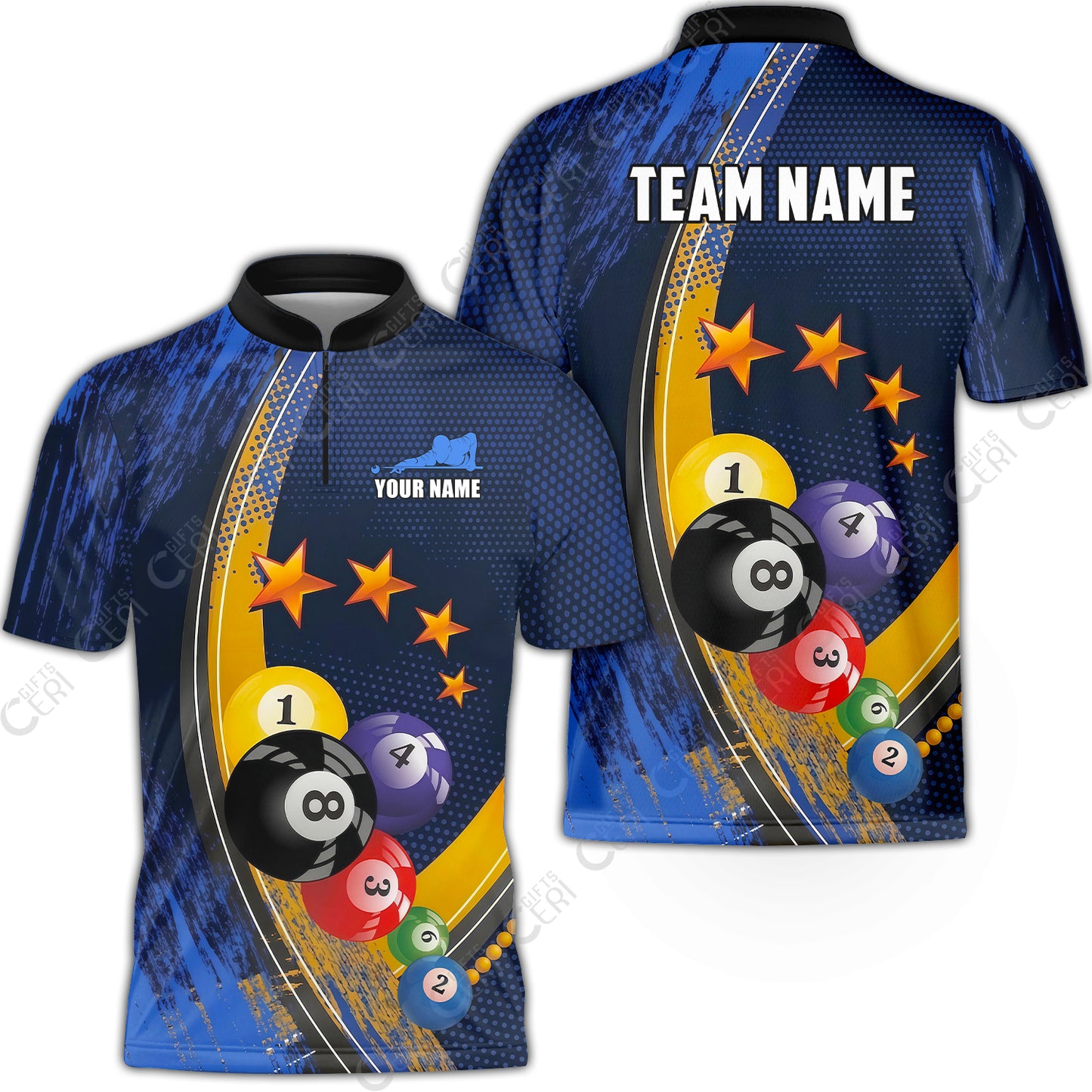 Customized 8 Ball Pool Stand Collar Quarter-Zip Short Sleeve Jersey, Brush Paint Billiards 8-Ball, Personalized Billiards Jersey