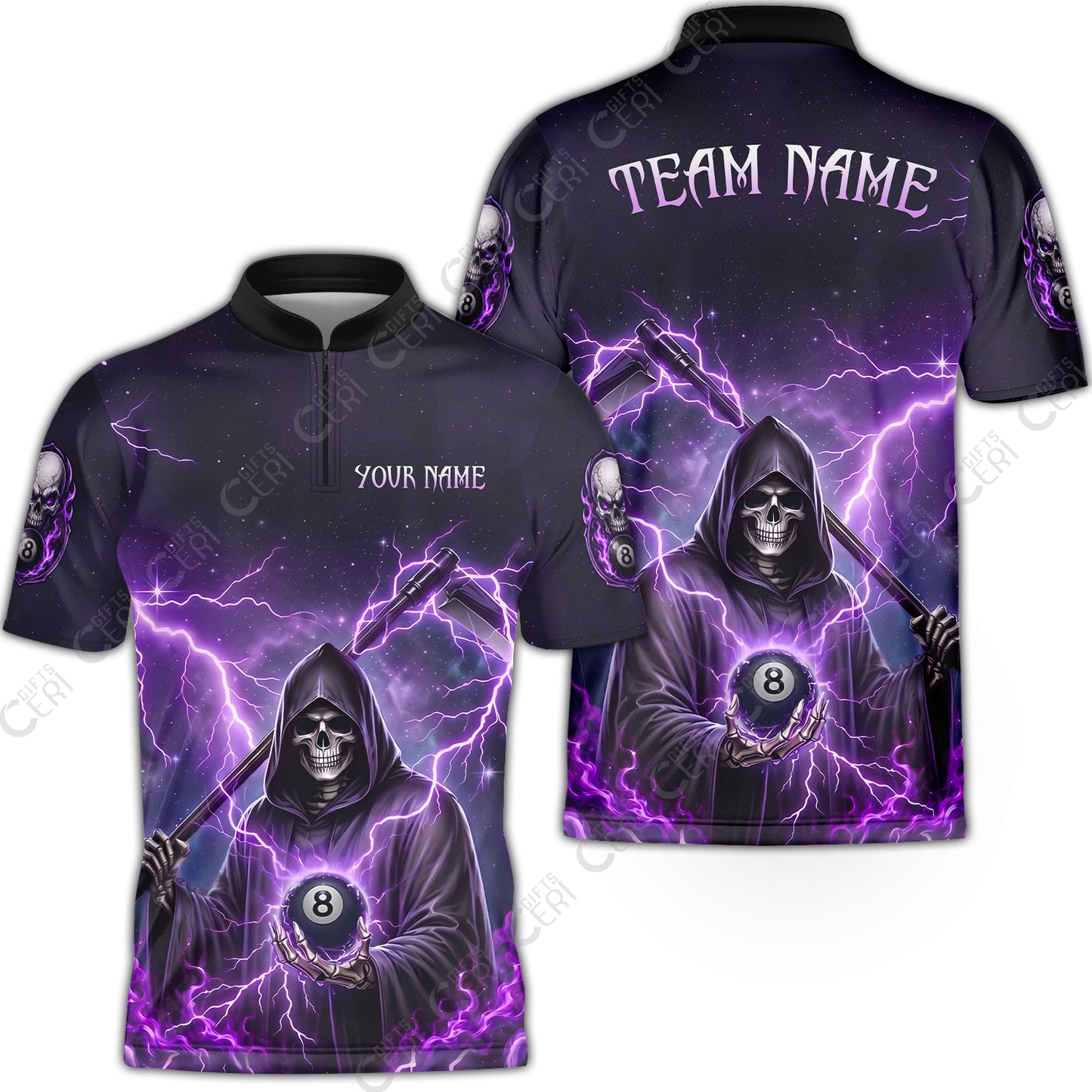 Customized 8 Ball Pool Stand Collar Quarter-Zip Short Sleeve Jersey, Lightning And Flame Grim Reaper With 8 Ball, Personalized Billiards Jersey