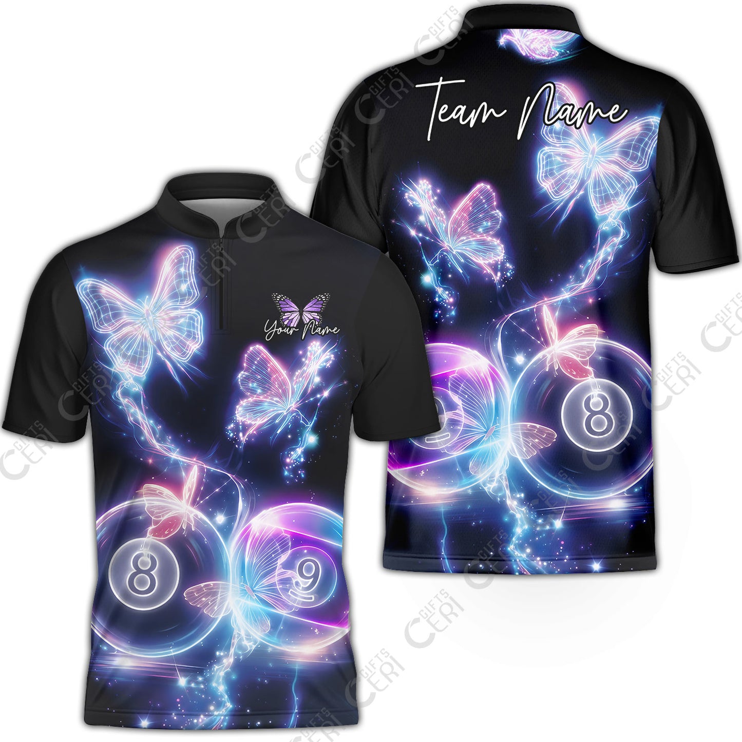 Customized Billiards Stand Collar Quarter-Zip Short Sleeve Jersey, 8 & 9 Ball Neon Butterfly Galaxy Jersey, Billiards Jerseys