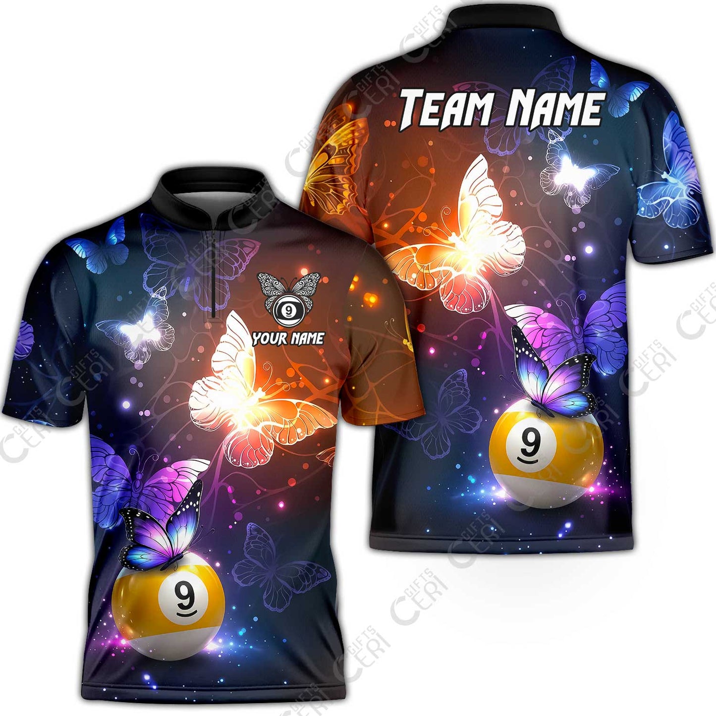 Customized 9 Ball Pool Stand Collar Quarter-Zip Short Sleeve Jersey, Brush Paint Billiard Butterfly Sparkle 9-Ball, Personalized Billiards Jersey
