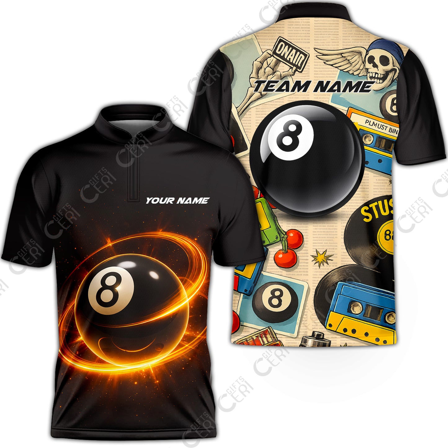 Customized 8 Ball Pool Stand Collar Quarter-Zip Short Sleeve Jersey, Billiard 8-Ball Retro Vibes, Billiards Jerseys