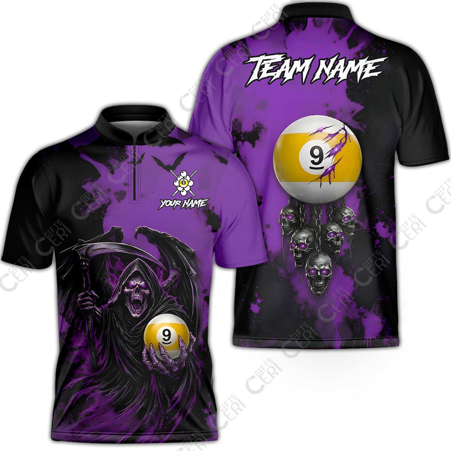 Customized 9 Ball Pool Stand Collar Quarter-Zip Short Sleeve Jersey, Billiard Death Skull Paint Splash 9-Ball, Billiards Jersey