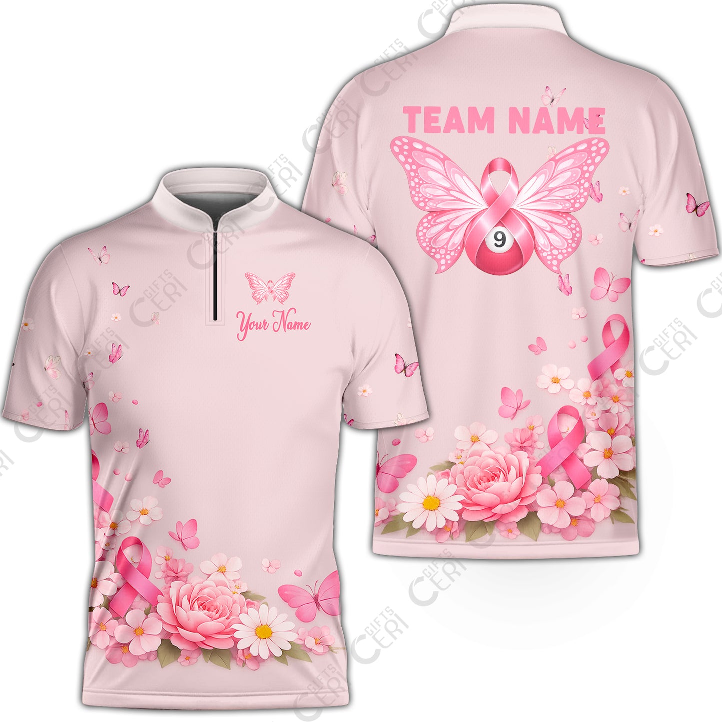 Customized 9 Ball Pool Stand Collar Quarter-Zip Short Sleeve Jersey, Floral Butterfly Billiards 9-Ball, Personalized Billiards Jersey