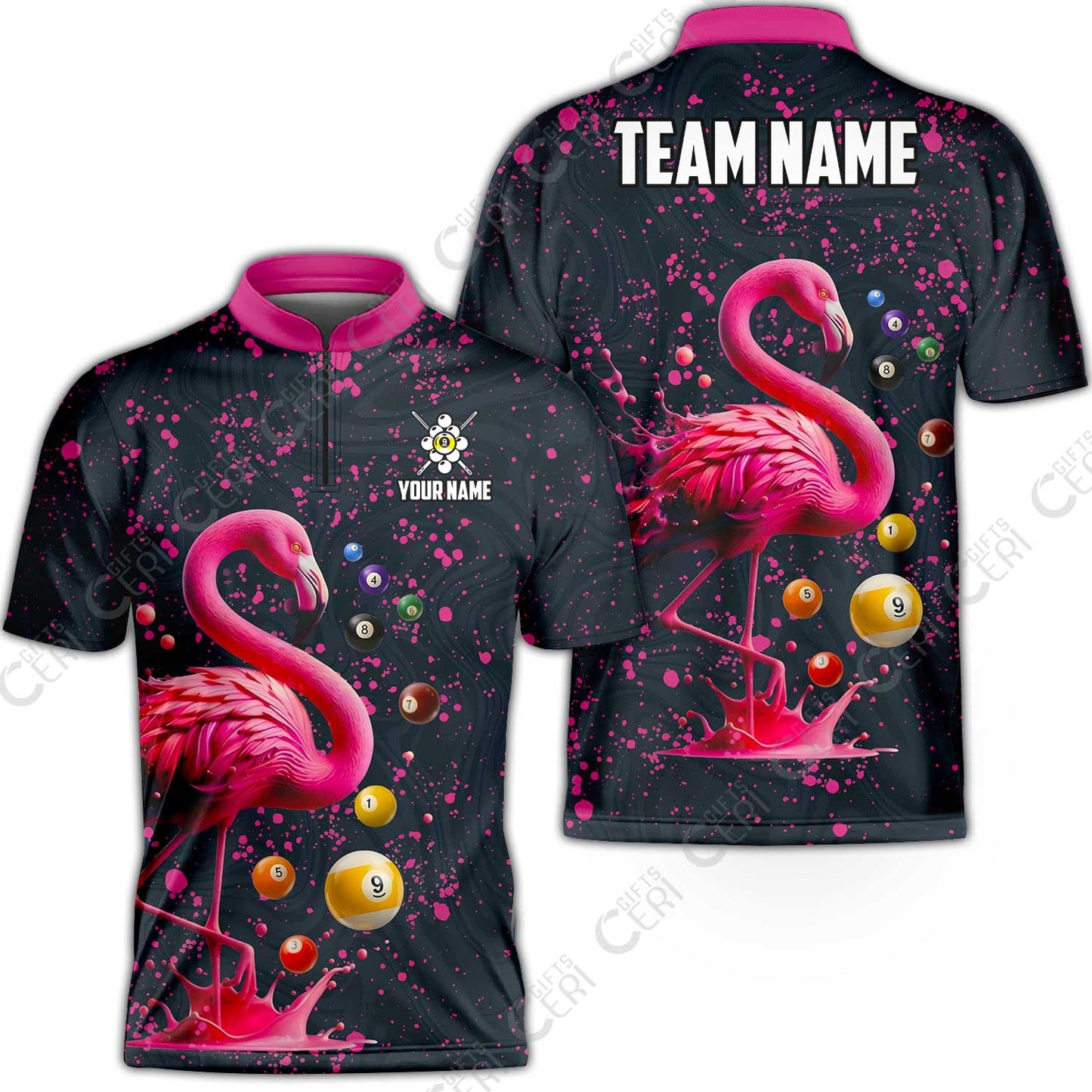 Customized 9 Ball Pool Stand Collar Quarter-Zip Short Sleeve Jersey, Flamingo Pink Splat Billiard 9-Ball, Billiards Jersey