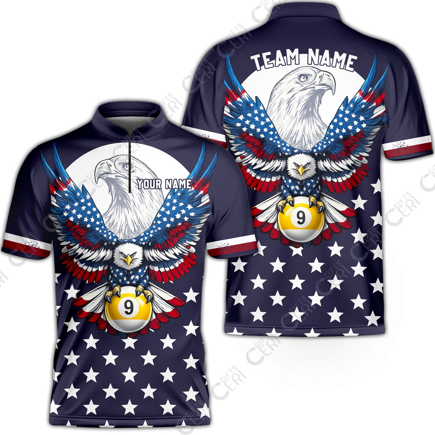 Customized 9 Ball Pool Stand Collar Quarter-Zip Short Sleeve Jersey, American Eagle Billiards 9-Ball, Personalized Billiards Jersey