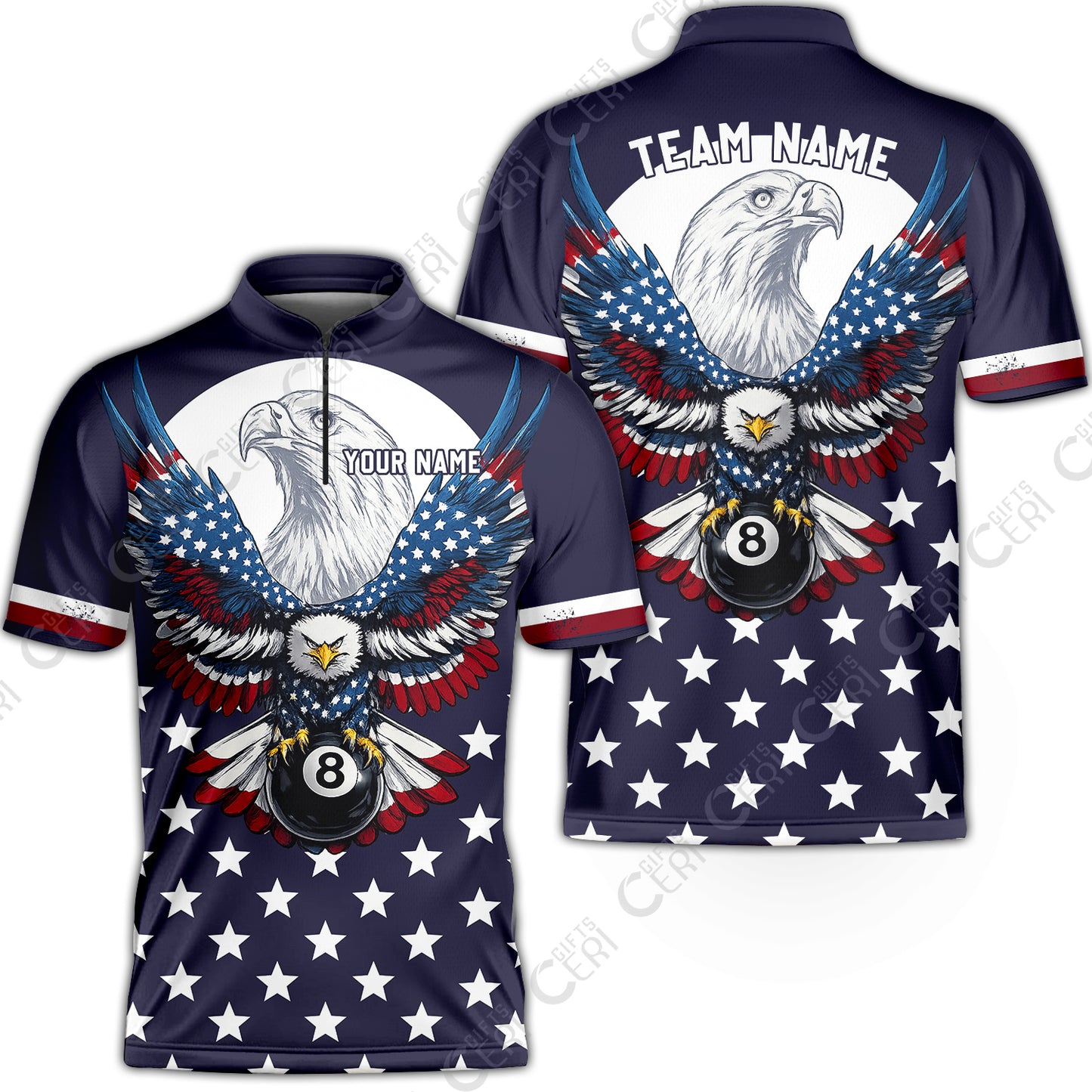 Customized 8 Ball Pool Stand Collar Quarter-Zip Short Sleeve Jersey, American Eagle Billiards 8-Ball, Personalized Billiards Jersey