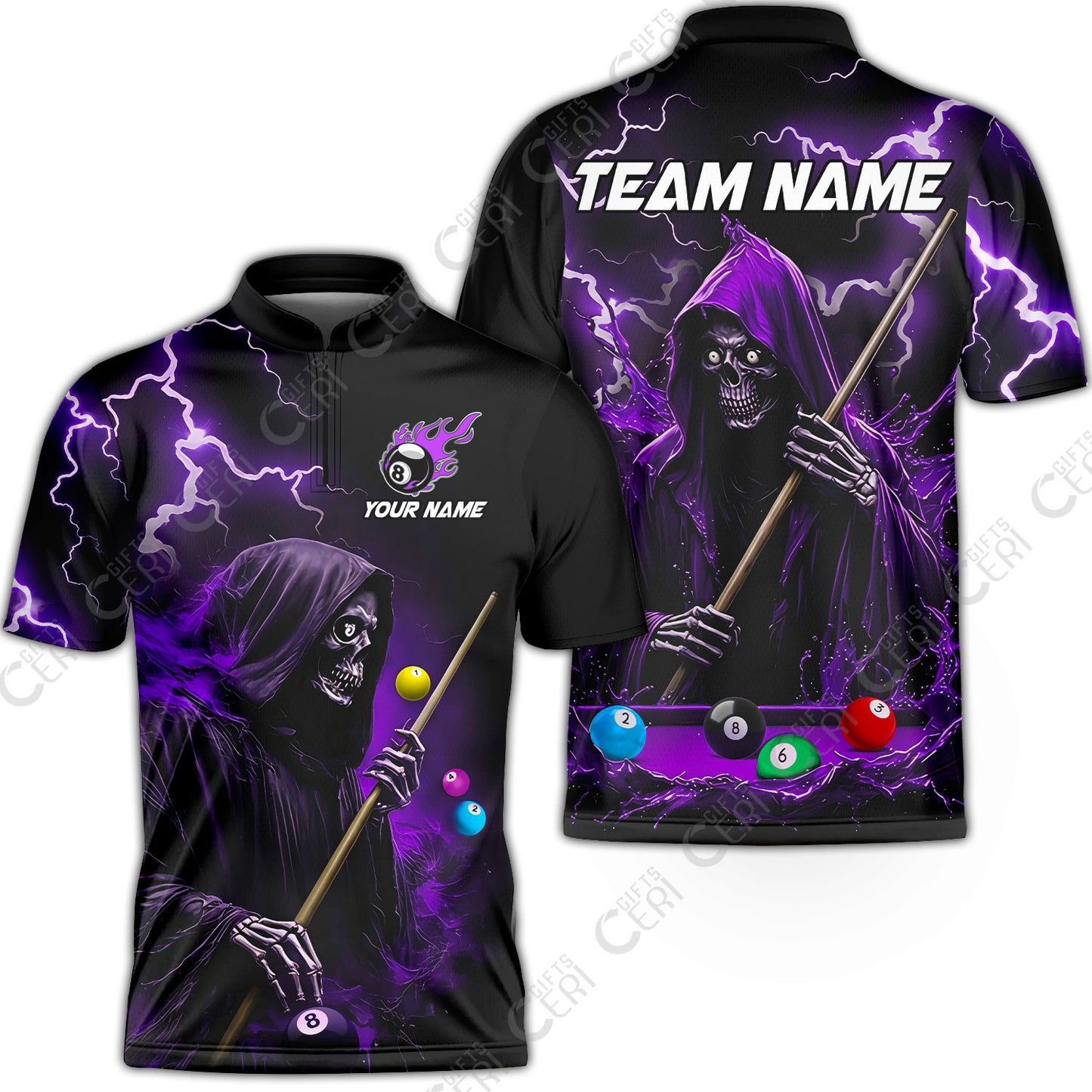 Customized 8 Ball Pool Stand Collar Quarter-Zip Short Sleeve Jersey, The Death Plays Billiards 8-Ball Flame, Billiards Jerseys