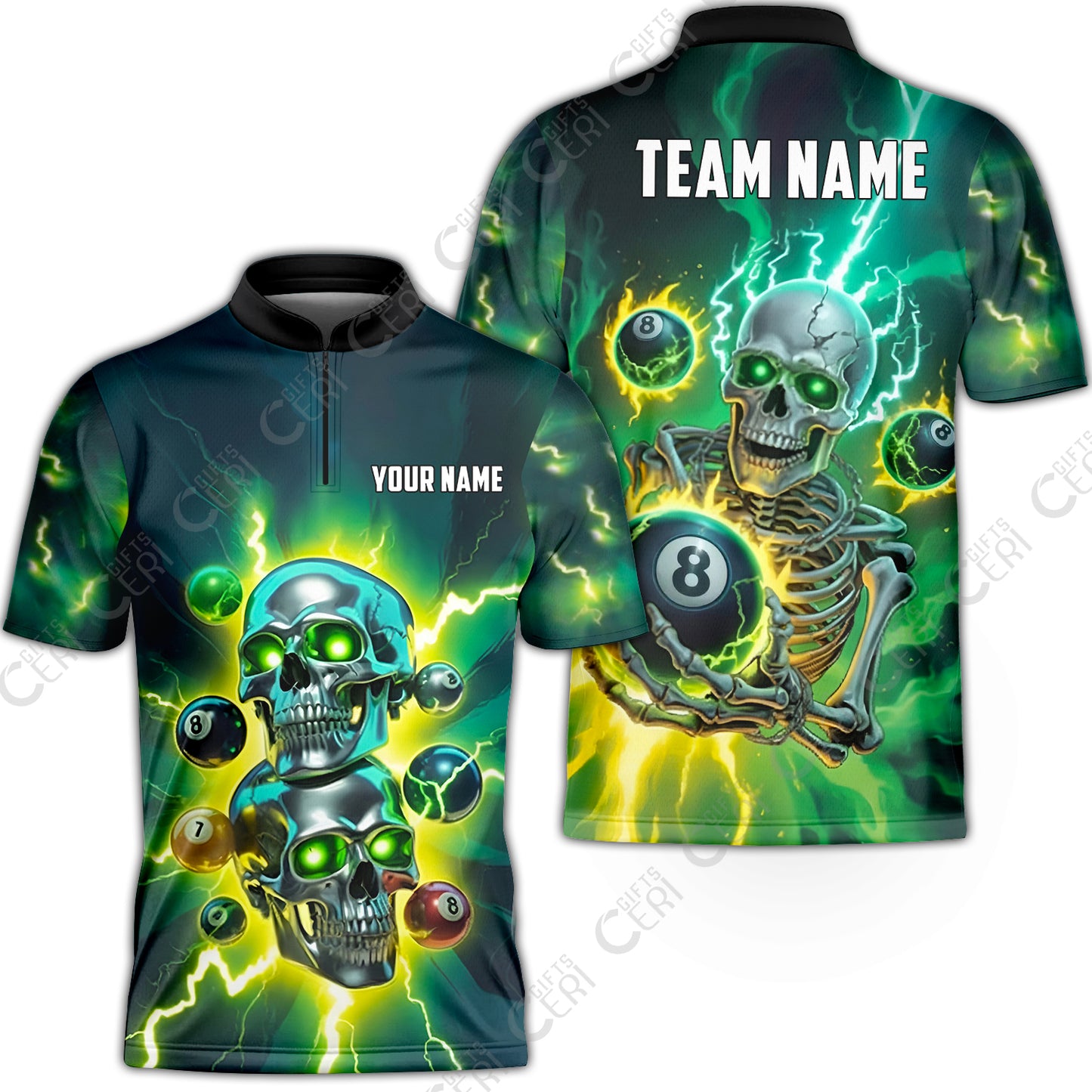 Customized 8 Ball Pool Stand Collar Quarter-Zip Short Sleeve Jersey, Billiards 8-Ball Thunder Skull, Billiards Jerseys