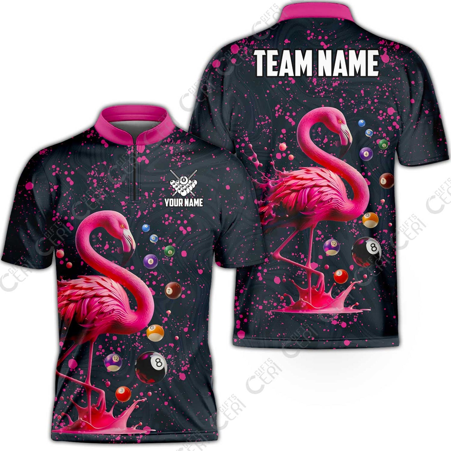 Customized 8 Ball Pool Stand Collar Quarter-Zip Short Sleeve Jersey, Flamingo Pink Splat Billiard, Personalized Billiards Jersey