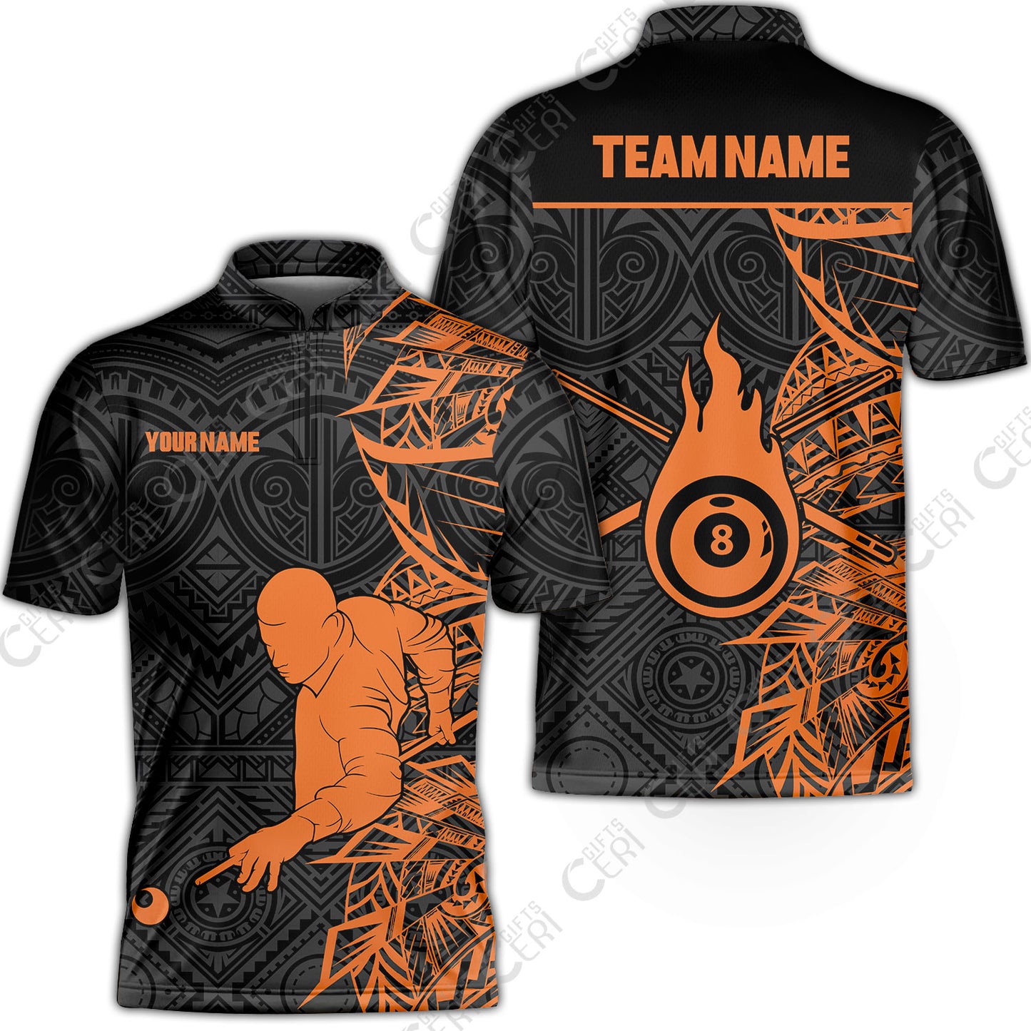 Customized 8 Ball Pool Stand Collar Quarter-Zip Short Sleeve Jersey, 8-Ball Billiards Tattoo Pattern, Billiards Jerseys