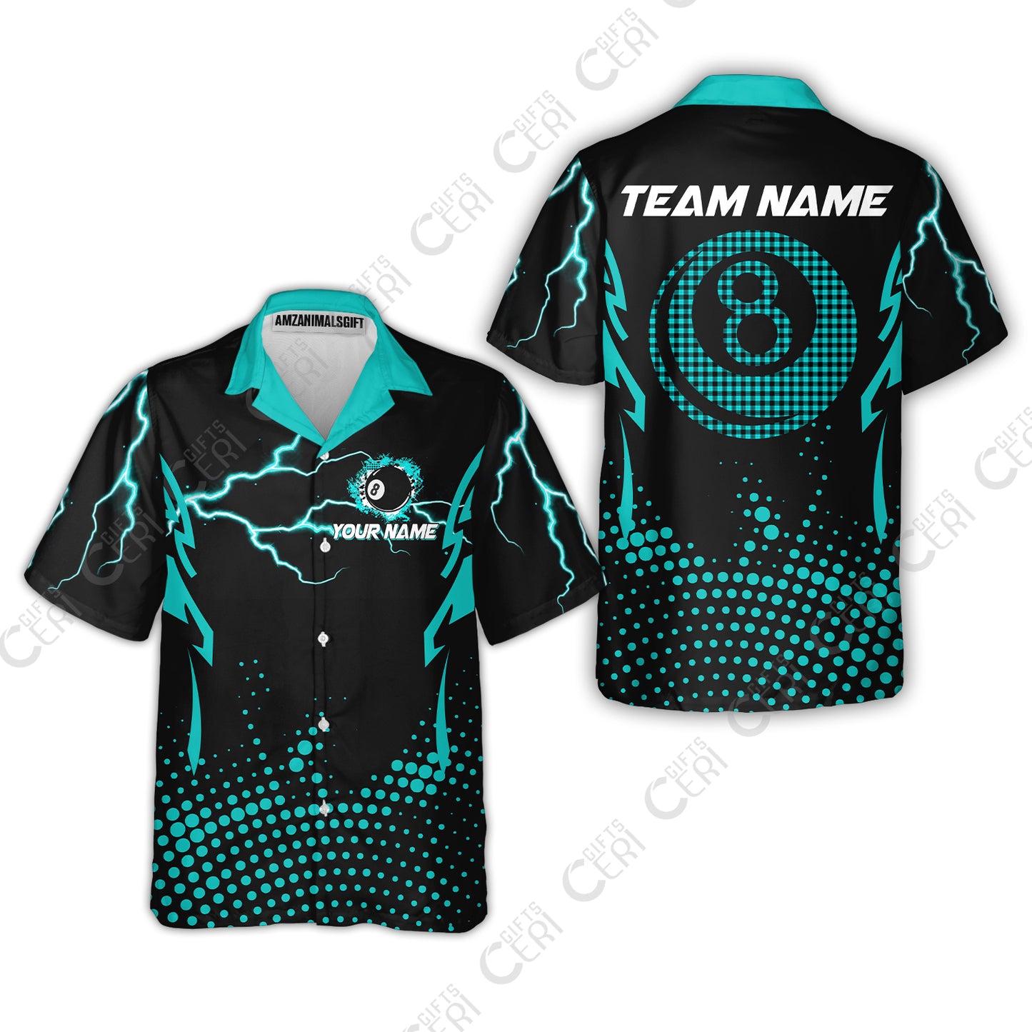 Customized Billiards Hawaiian Shirt, Lightning Graphics With Dots 8 Ball Pool Jersey