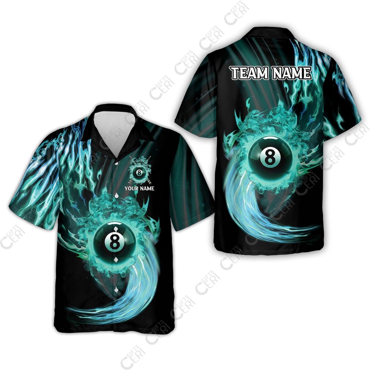 Customized 8 Ball Pool Hawaiian Shirt, 8-Ball Swirling Fire And Glowing Smoke, Billiards Jerseys